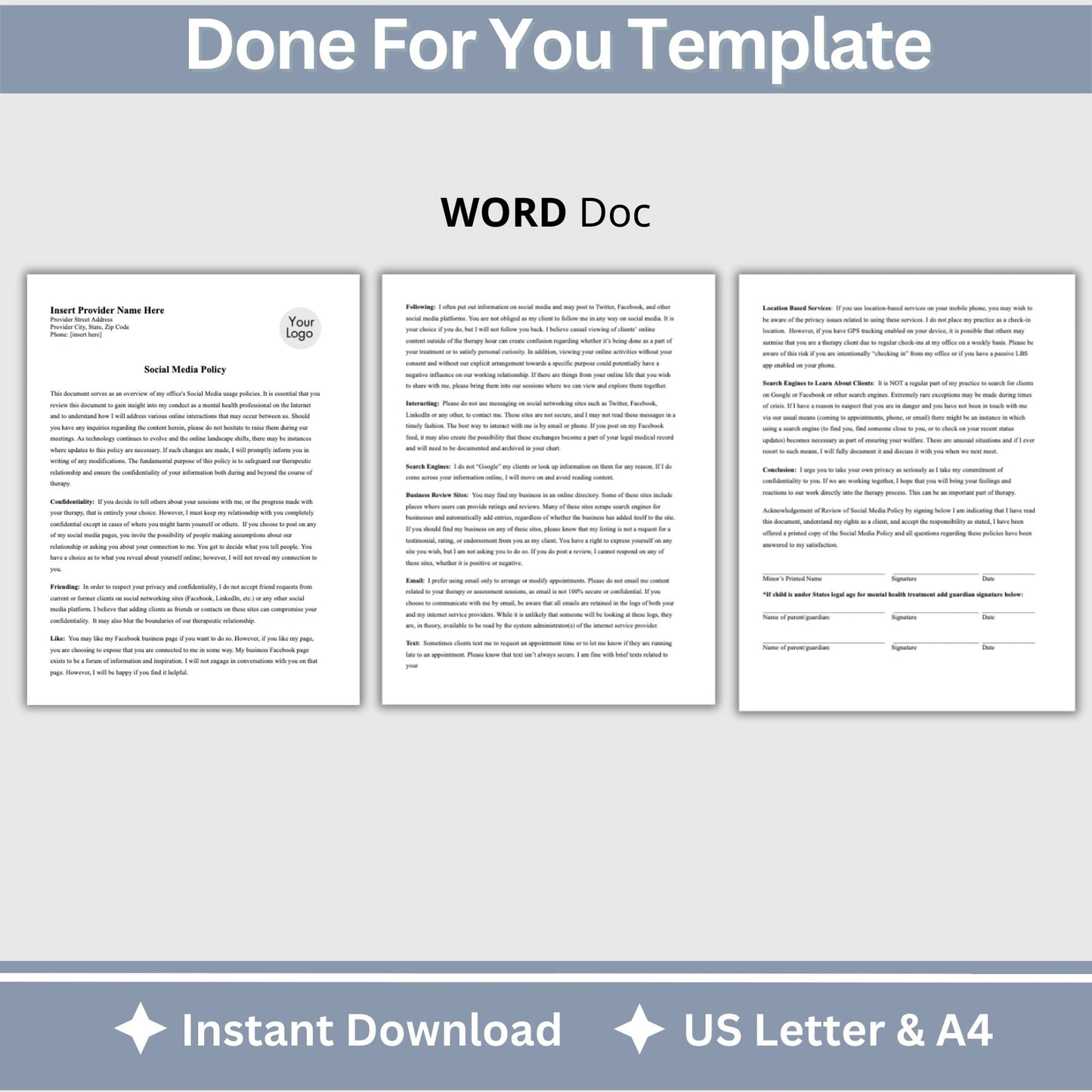 Streamline your client onboarding process with our Social Media Policy for adolescents/minors, WORD Doc for mental health professionals. &nbsp;Easily customize the template to fit your practice's unique needs