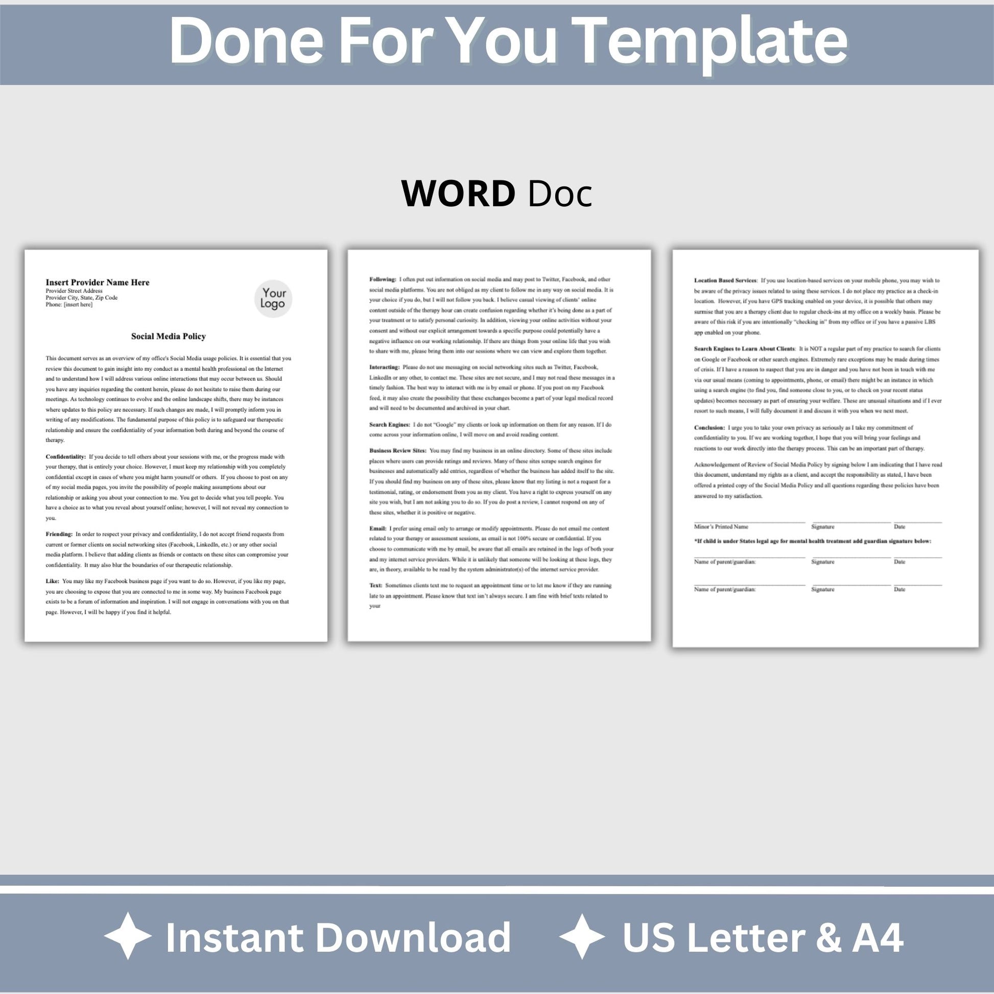 Streamline your client onboarding process with our Social Media Policy for adolescents/minors, WORD Doc for mental health professionals. &nbsp;Easily customize the template to fit your practice's unique needs