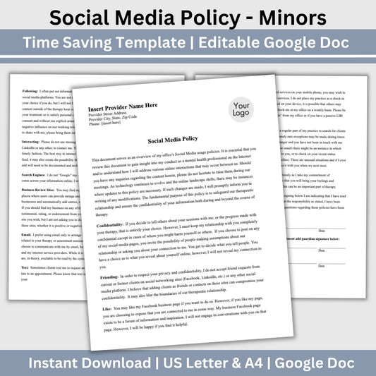 Streamline your client onboarding process with our Social Media Policy for adolescents/minors, Google Doc for mental health professionals. Easily customize the template to fit your practice's unique needs