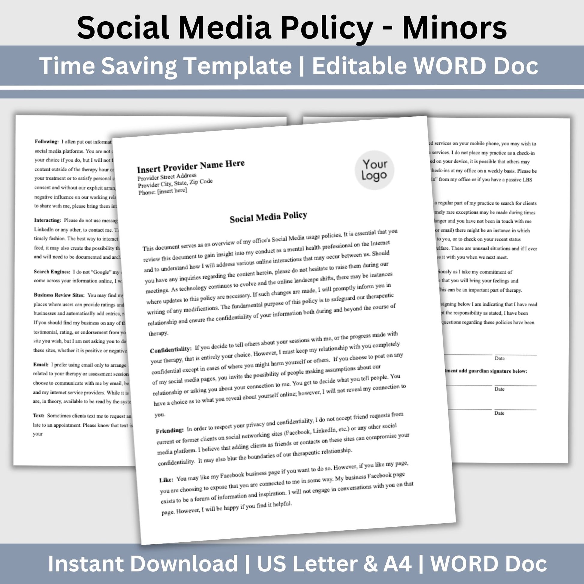 Streamline your client onboarding process with our Social Media Policy for adolescents/minors, WORD Doc for mental health professionals. &nbsp;Easily customize the template to fit your practice's unique needs