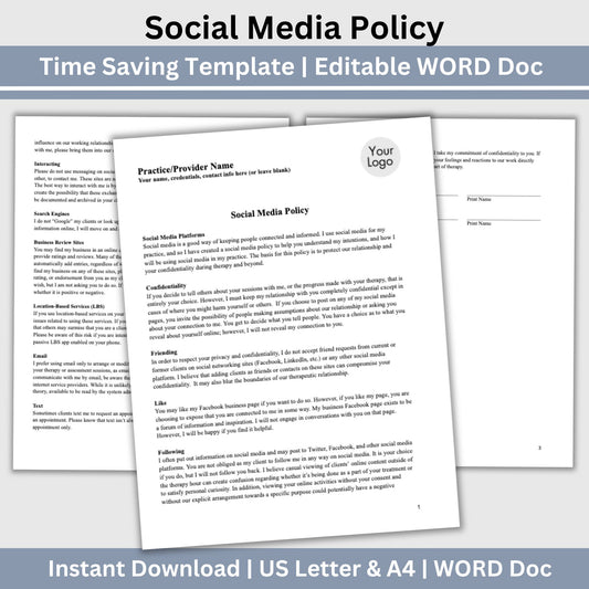 Social Media Policy for Therapists Office, Private Practice Templates, Psychology Office Forms, Counseling Office Policies and Consents