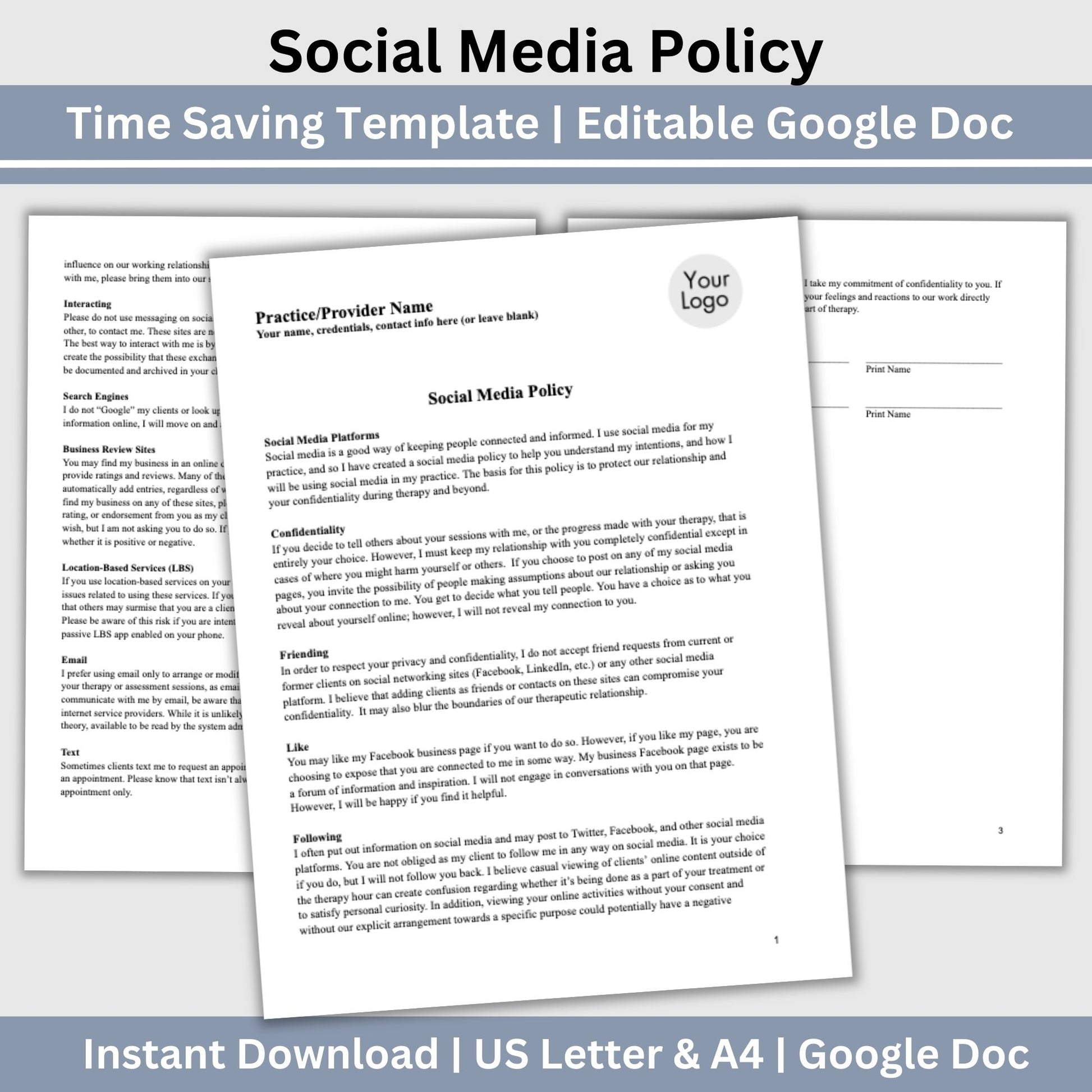 Social Media Policy for Therapists Office, Private Practice Templates, Psychology Office Forms, Counseling Office Policies and Consents