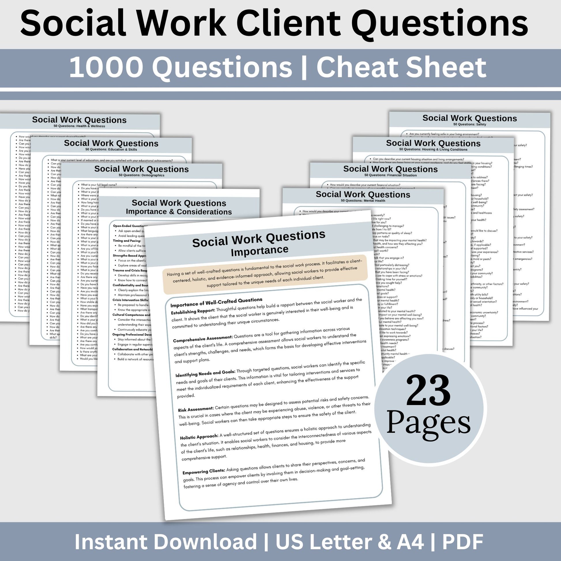 1000 thoughtfully curated questions designed to empower social workers, case managers, therapists, and students in the field. Whether you're a seasoned LCSW, a dedicated school social worker, or a social work student honing your skills.