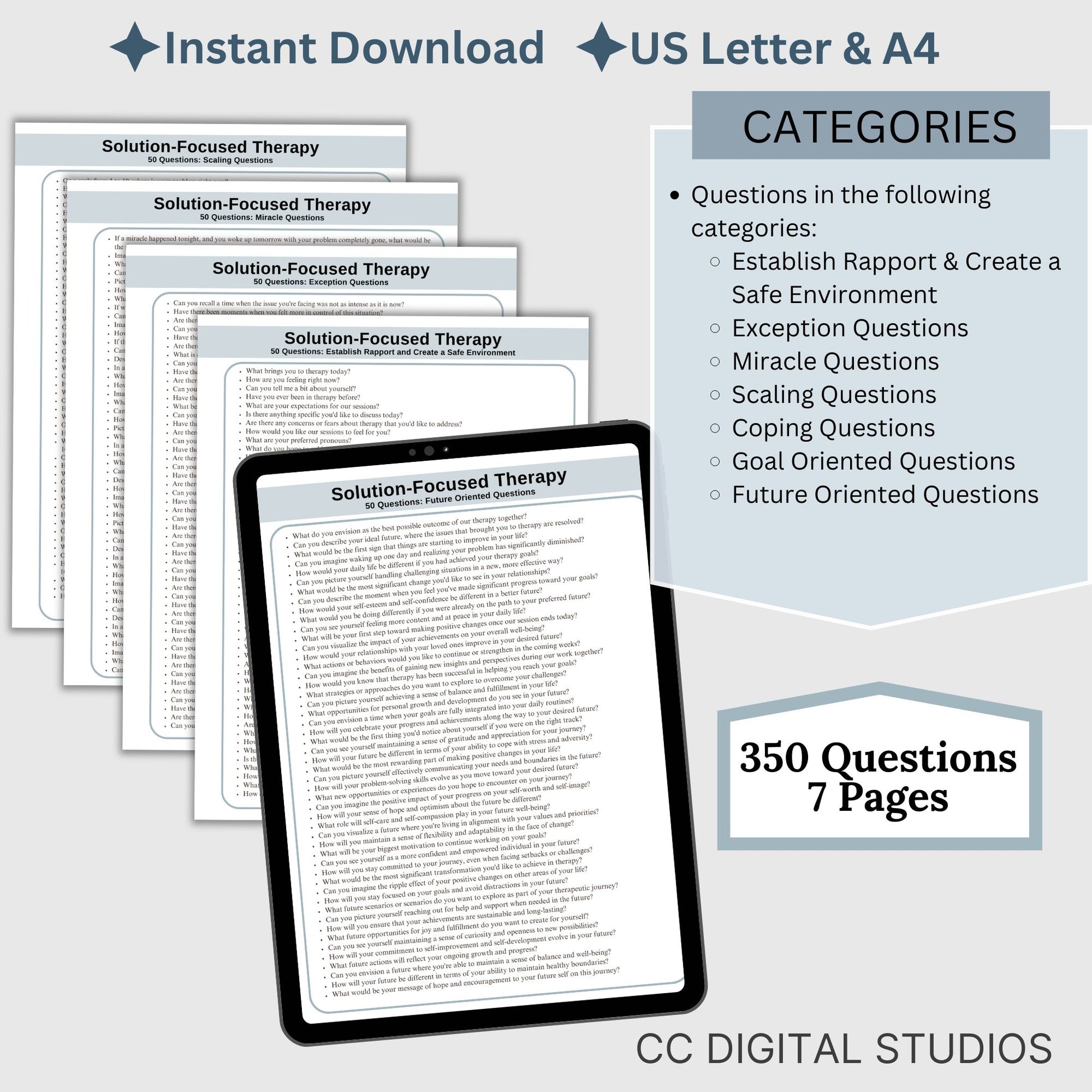 Solution-Focused Therapy Cheat Sheet and therapy questions. This reference sheet material is designed to enhance your skills with 350 therapy questions, conversation starters, and solution-focused info.