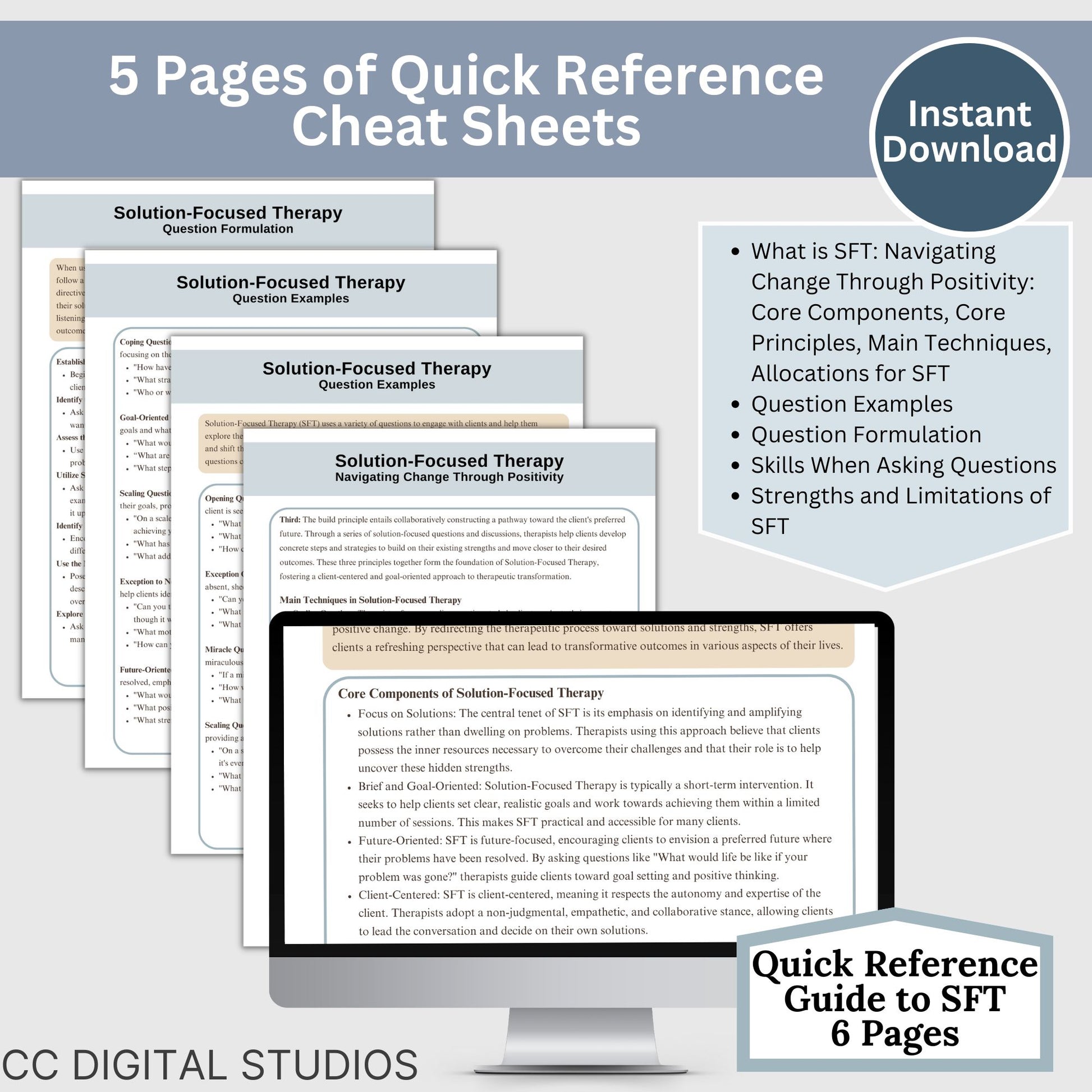 Solution-Focused Therapy Cheat Sheet and therapy questions. This reference sheet material is designed to enhance your skills with 350 therapy questions, conversation starters, and solution-focused info.