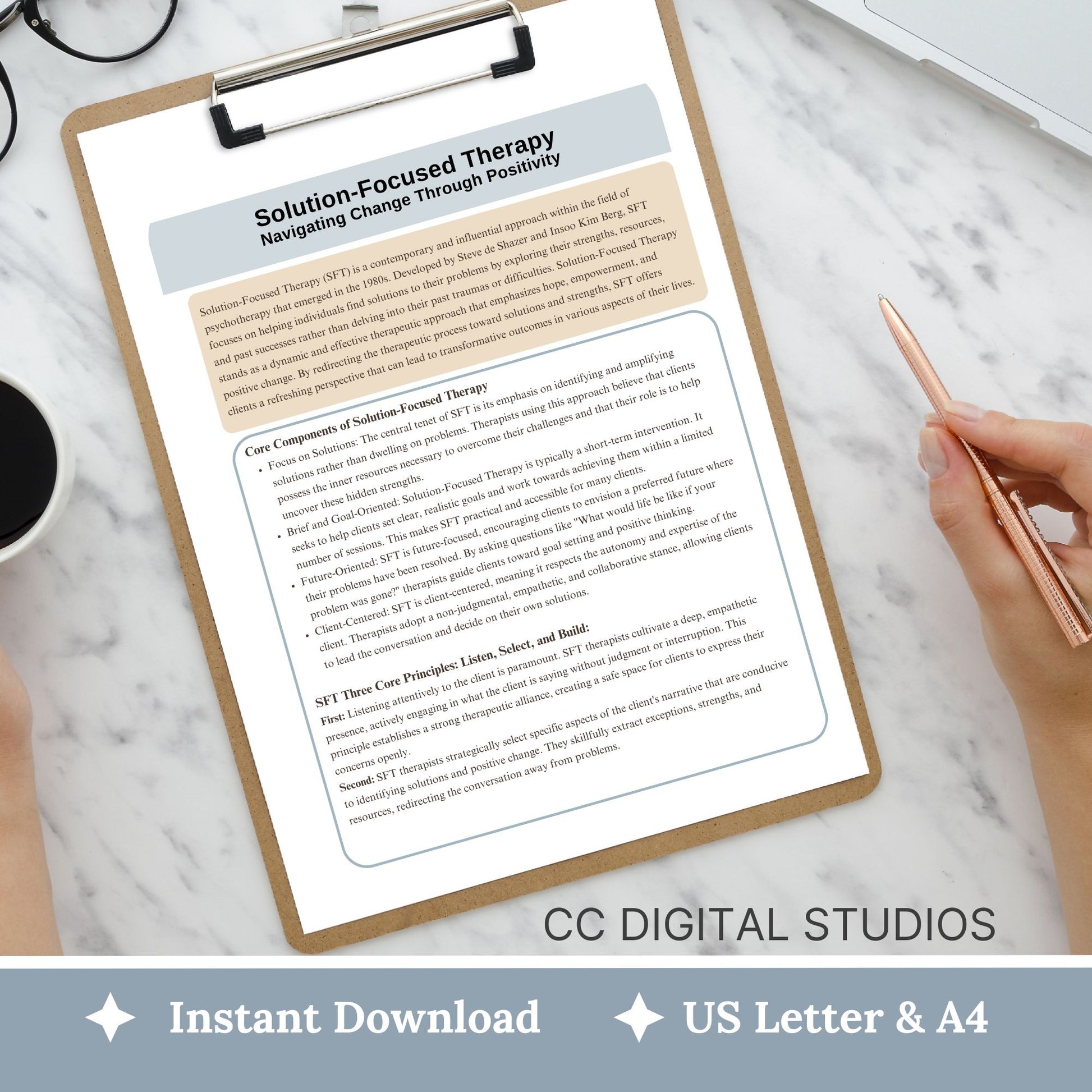 Solution-Focused Therapy Cheat Sheet and therapy questions. This reference sheet material is designed to enhance your skills with 350 therapy questions, conversation starters, and solution-focused info.