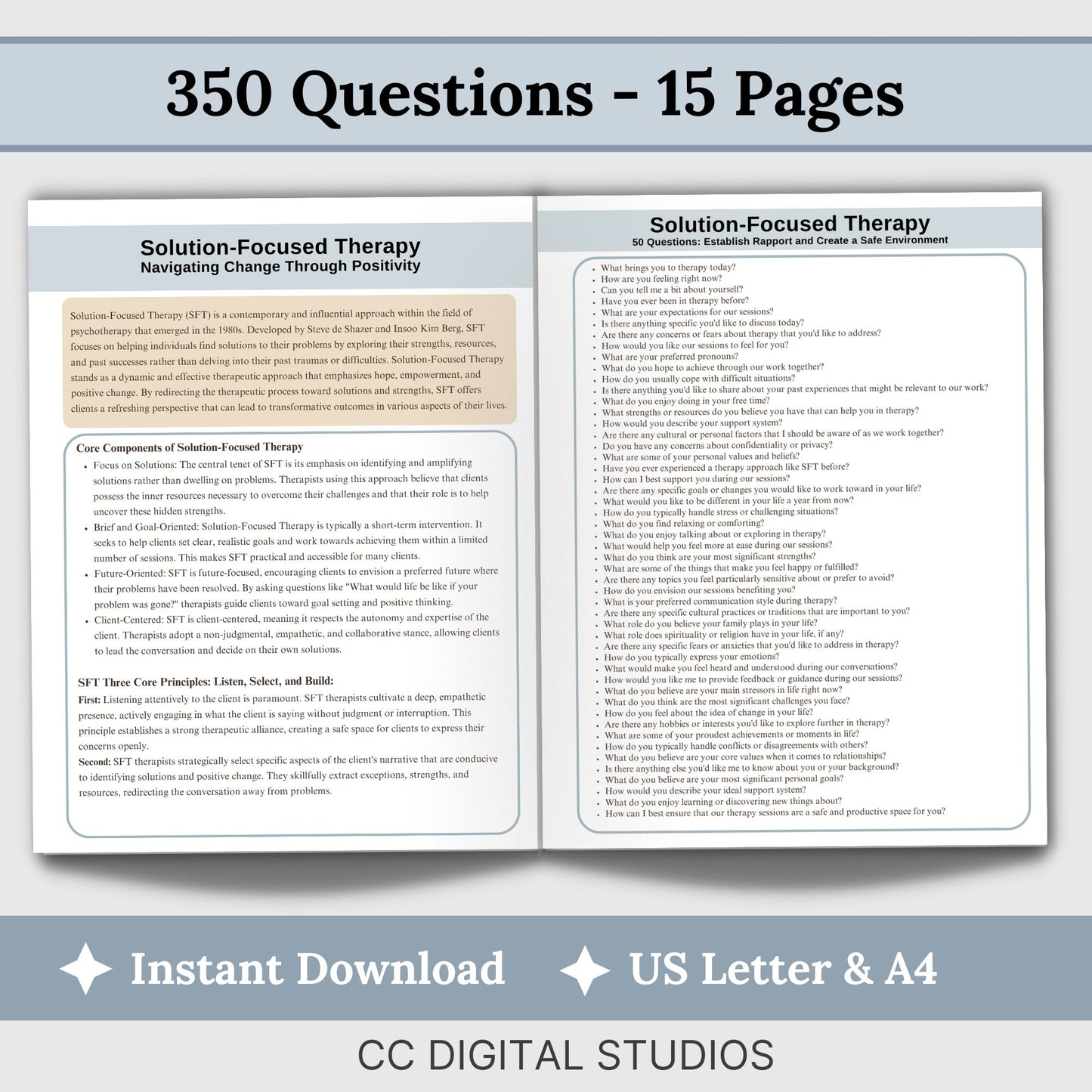 Solution-Focused Therapy Cheat Sheet and therapy questions. This reference sheet material is designed to enhance your skills with 350 therapy questions, conversation starters, and solution-focused info.