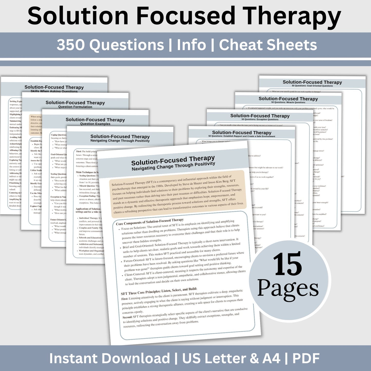 Solution-Focused Therapy Cheat Sheet and therapy questions. This reference sheet material is designed to enhance your skills with 350 therapy questions, conversation starters, and solution-focused info.