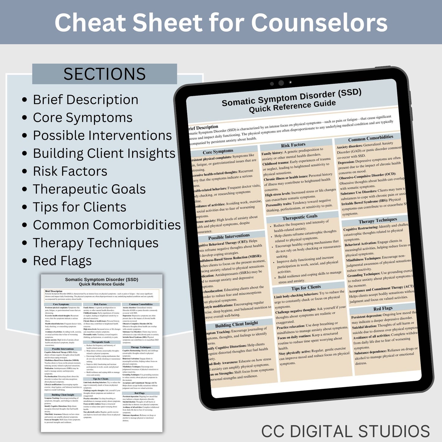 This 2-in-1 Somatic Symptom Disorder Cheat Sheet is designed for both therapists and clients! It includes a therapist's quick reference guide and a client-friendly psychoeducational sheet, making it a valuable Somatic therapy counseling resource.