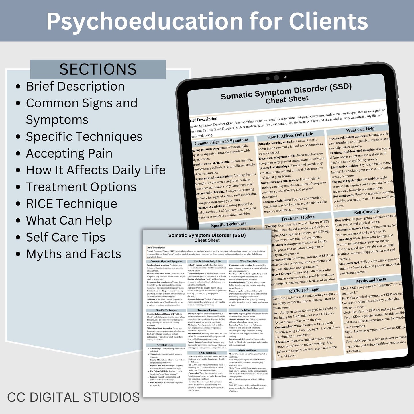 This 2-in-1 Somatic Symptom Disorder Cheat Sheet is designed for both therapists and clients! It includes a therapist's quick reference guide and a client-friendly psychoeducational sheet, making it a valuable Somatic therapy counseling resource.