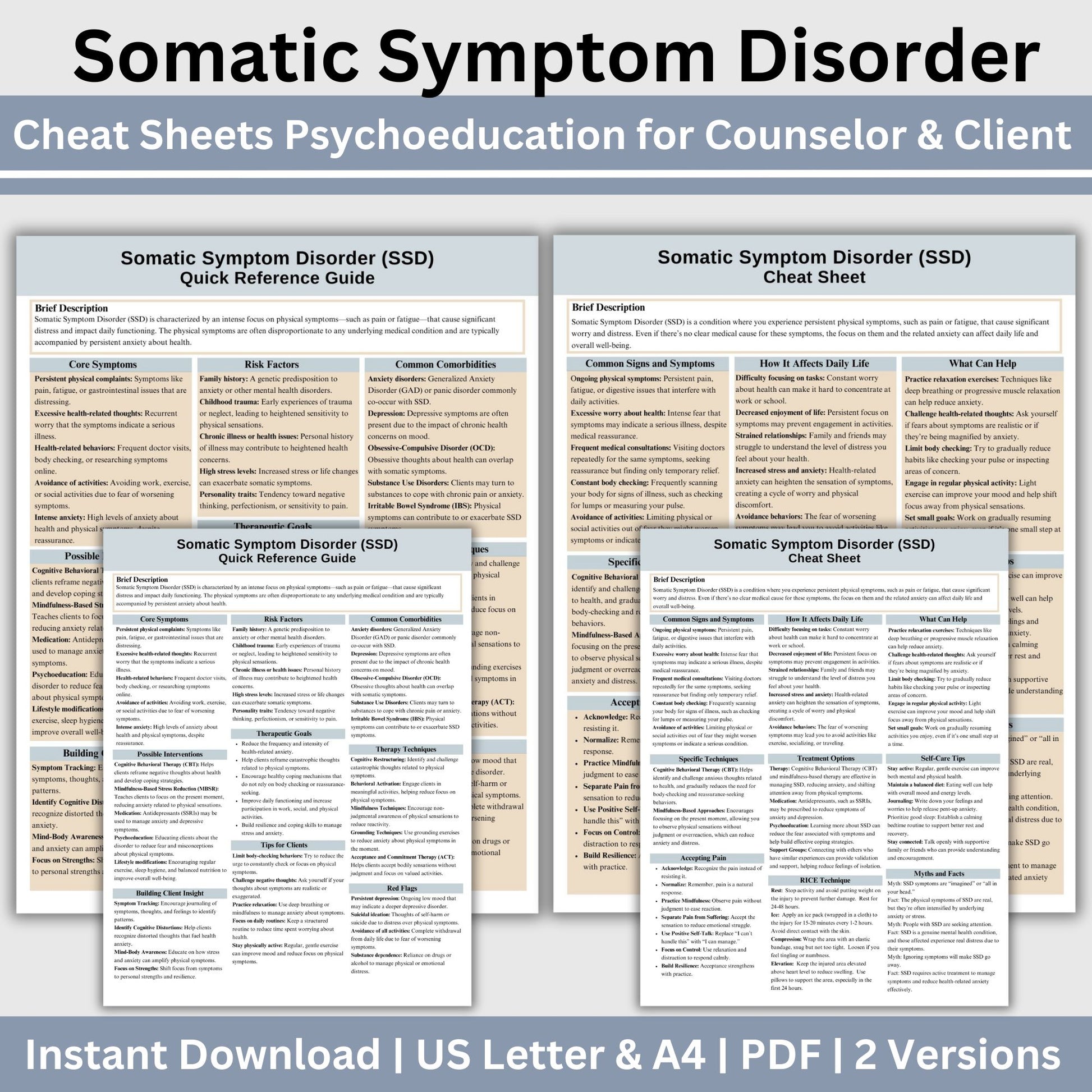 This 2-in-1 Somatic Symptom Disorder Cheat Sheet is designed for both therapists and clients! It includes a therapist's quick reference guide and a client-friendly psychoeducational sheet, making it a valuable Somatic therapy counseling resource.