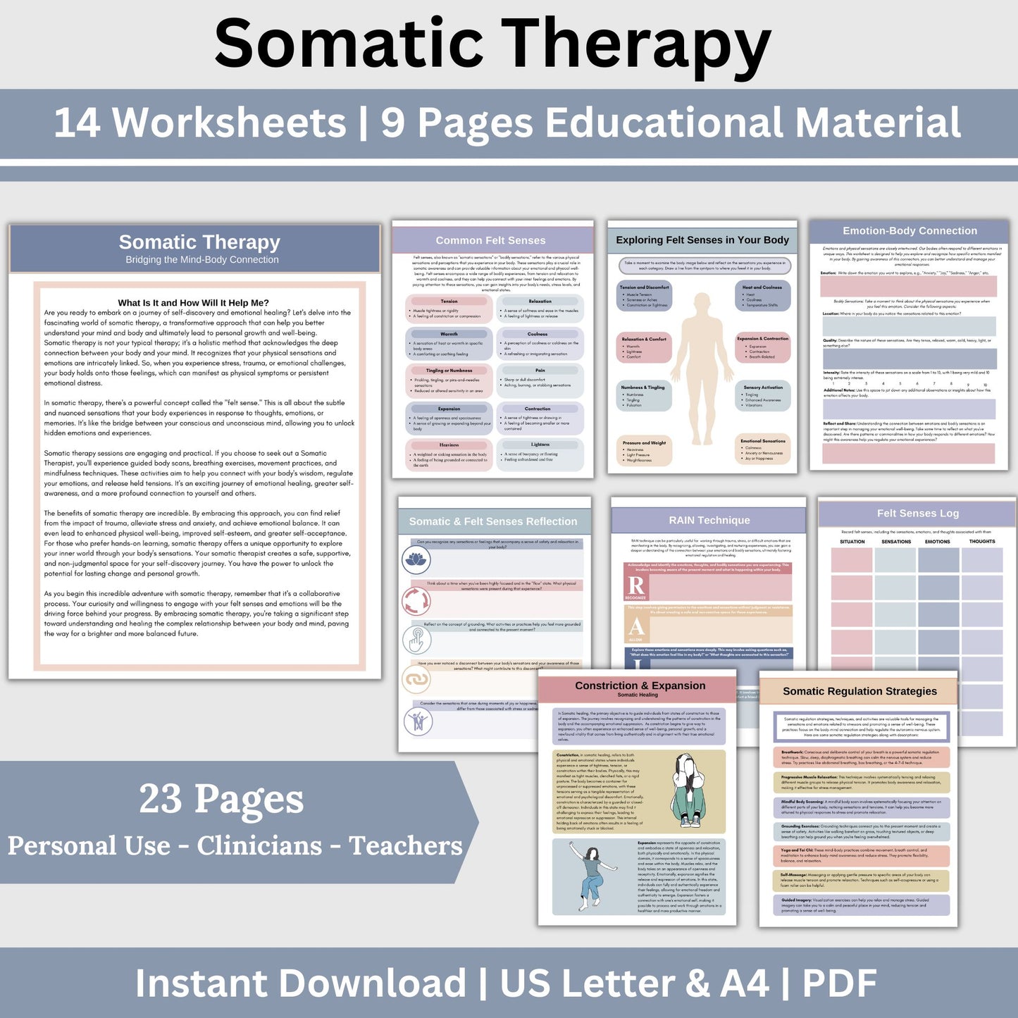 Somatic Processing Worksheets, Somatic Therapy Educational Material, 23 Somatic Worksheet and Information, Felt Senses Worksheets, Trauma Focused Worksheets