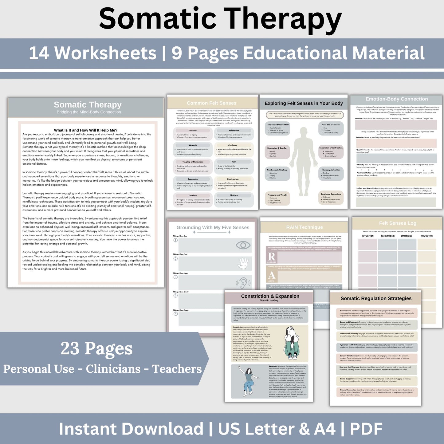 Somatic Processing Worksheets, Somatic Therapy Educational Material, 23 Somatic Worksheet and Information, Felt Senses Worksheets, Trauma Focused Worksheets