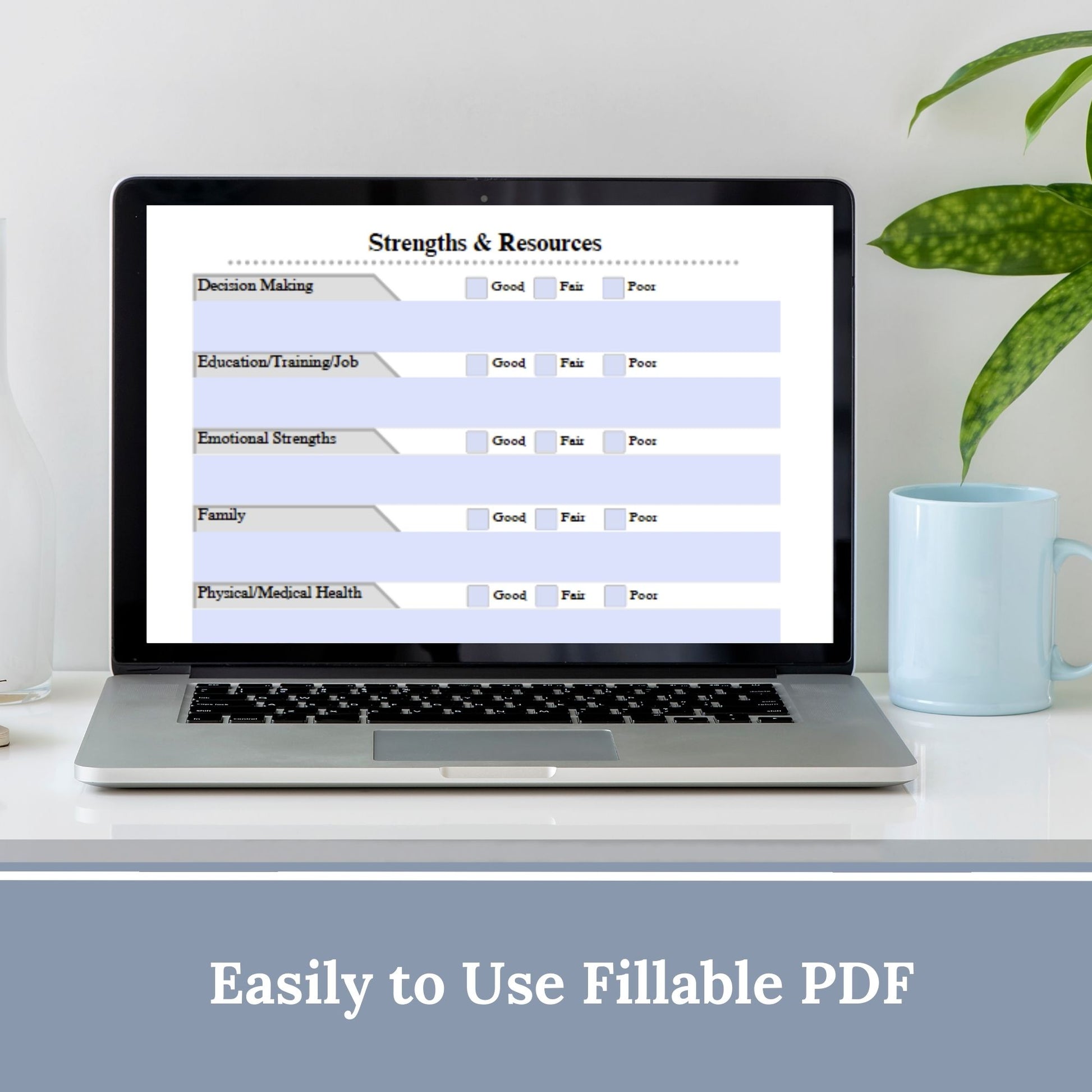 Streamline your therapy sessions with our one-page Strengths &amp; Resources Assessment. This handy tool allows for a swift evaluation of client strengths and resources, helping you create targeted interventions and personalized treatment plans.