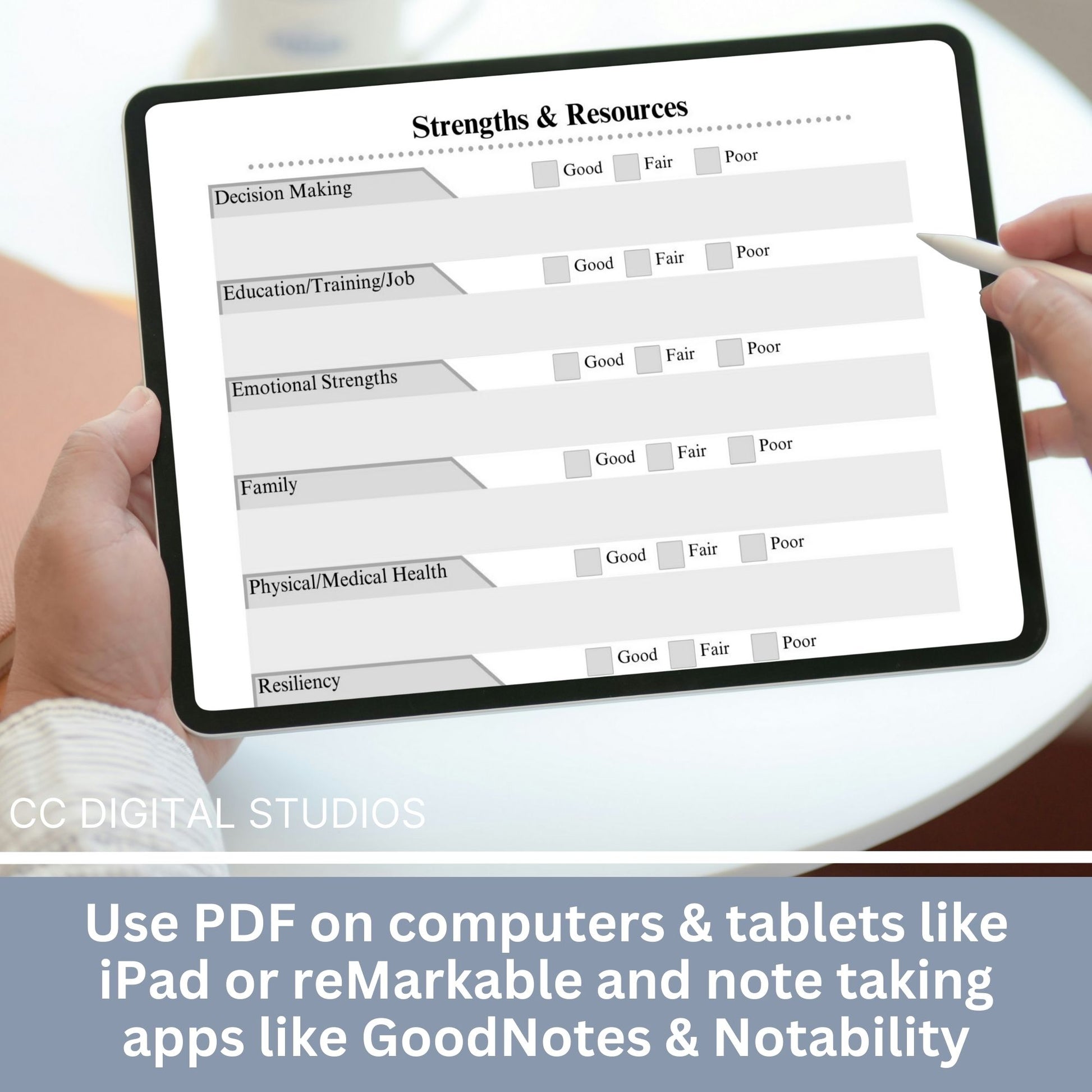 Streamline your therapy sessions with our one-page Strengths &amp; Resources Assessment. This handy tool allows for a swift evaluation of client strengths and resources, helping you create targeted interventions and personalized treatment plans.