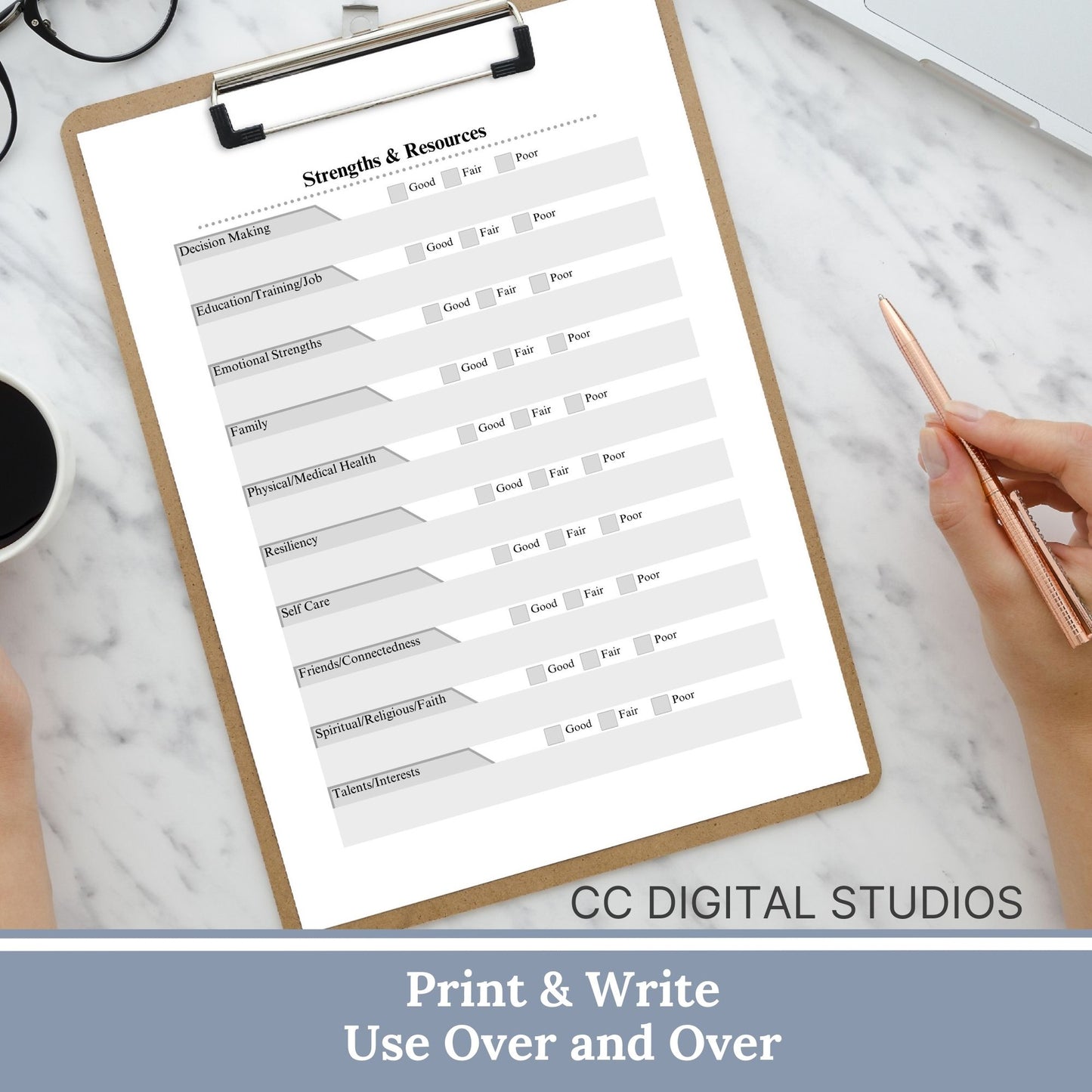 Streamline your therapy sessions with our one-page Strengths &amp; Resources Assessment. This handy tool allows for a swift evaluation of client strengths and resources, helping you create targeted interventions and personalized treatment plans.