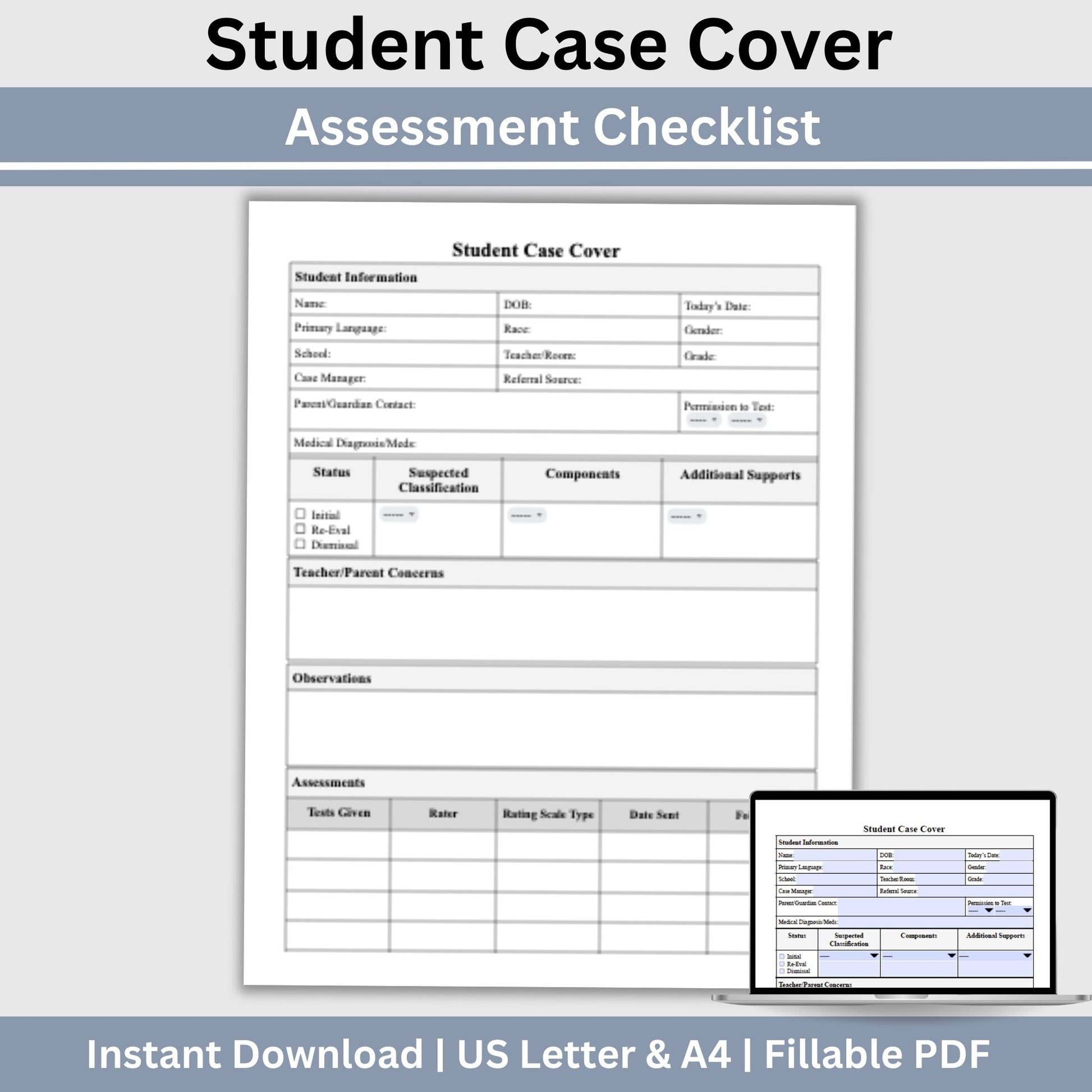 Student Assessment Template, School Psychologist, Student Case Cover Checklist, Special Education, School Counselor Resource, Psychology