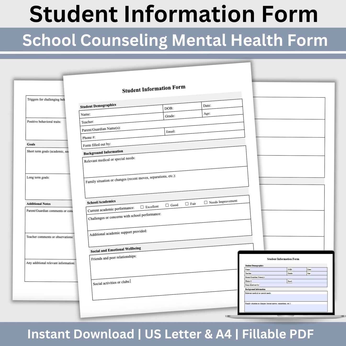 Student information form is perfect for teachers and parents to fill out and provide to their school psychologist, school counselor or school social worker. School Psychologist, School Social Work Form, Case Management Template for Client Intake