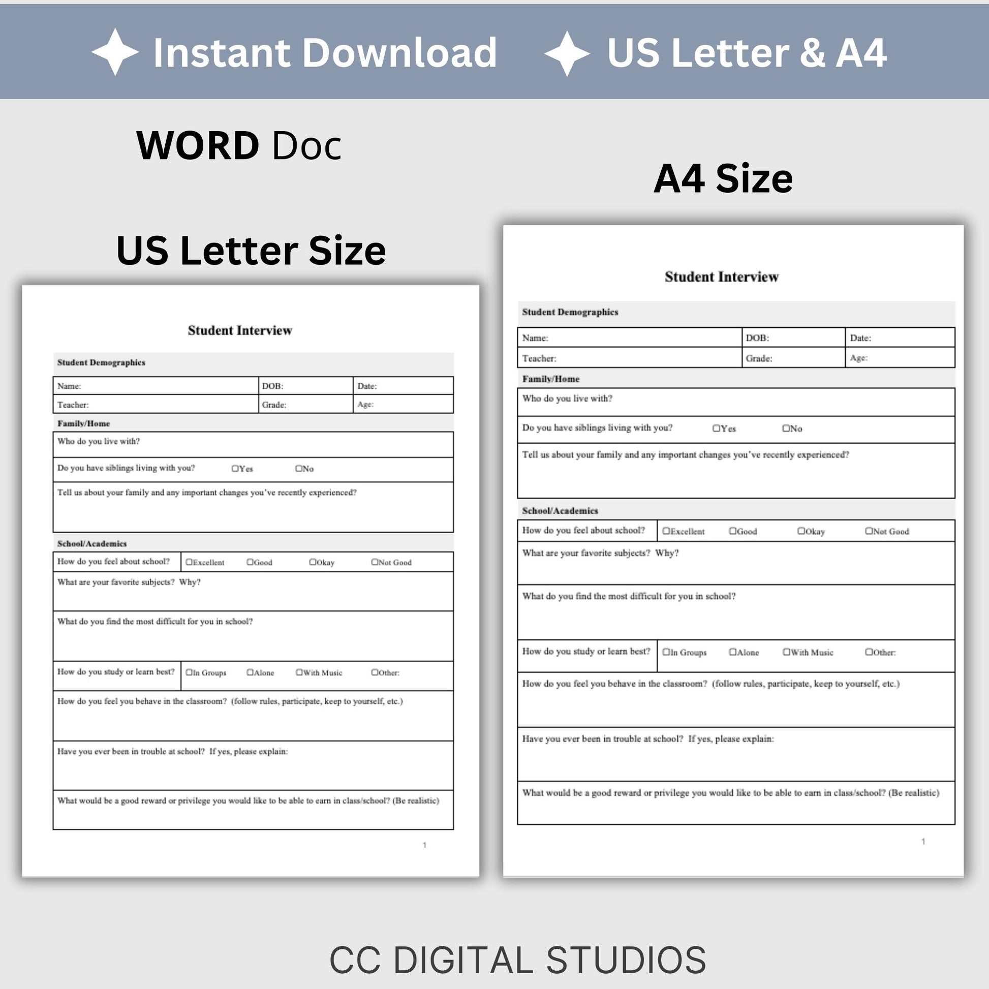 Student Interview Form, an essential tool for school counselors, school psychologists, and school social workers. It is ideal for case management, child therapy, and psychotherapy sessions, aiding in therapy notes documentation.