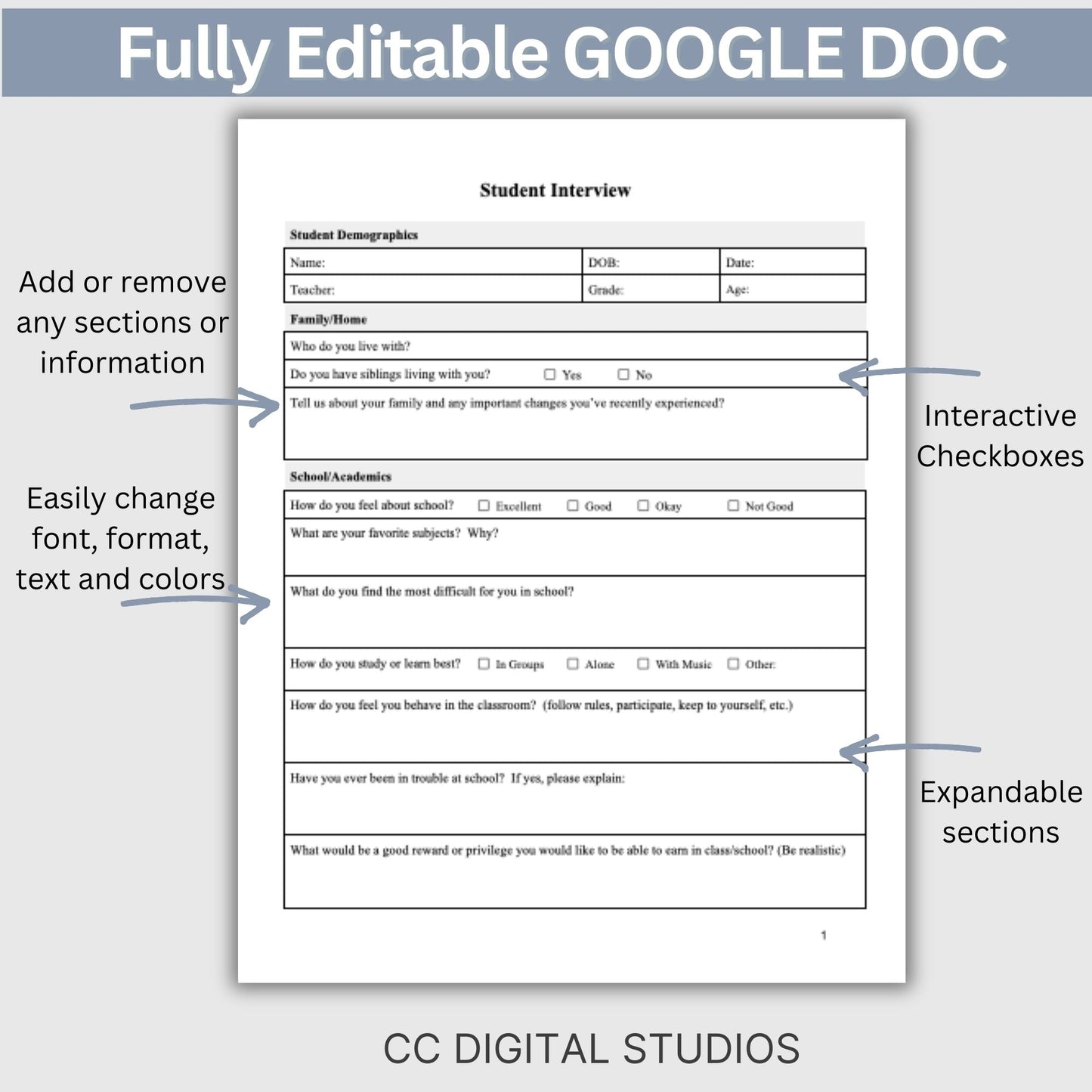 Student Interview Form, an essential tool for school counselors, school psychologists, and school social workers. It is ideal for case management, child therapy, and psychotherapy sessions, aiding in therapy notes documentation.