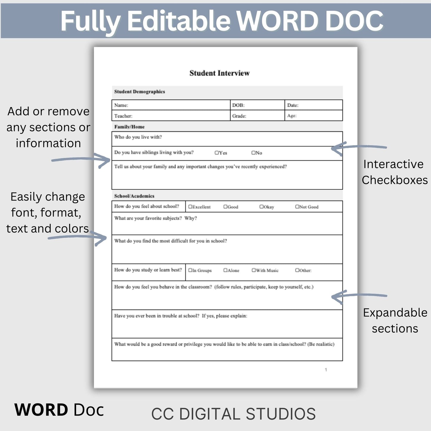 Student Interview Form, an essential tool for school counselors, school psychologists, and school social workers. It is ideal for case management, child therapy, and psychotherapy sessions, aiding in therapy notes documentation.