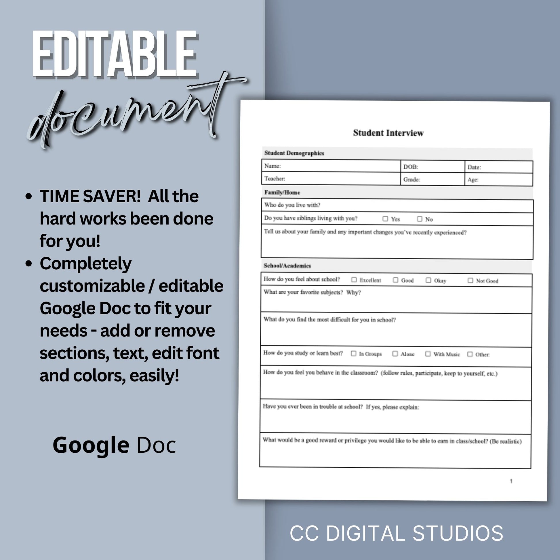 Student Interview Form, an essential tool for school counselors, school psychologists, and school social workers. It is ideal for case management, child therapy, and psychotherapy sessions, aiding in therapy notes documentation.