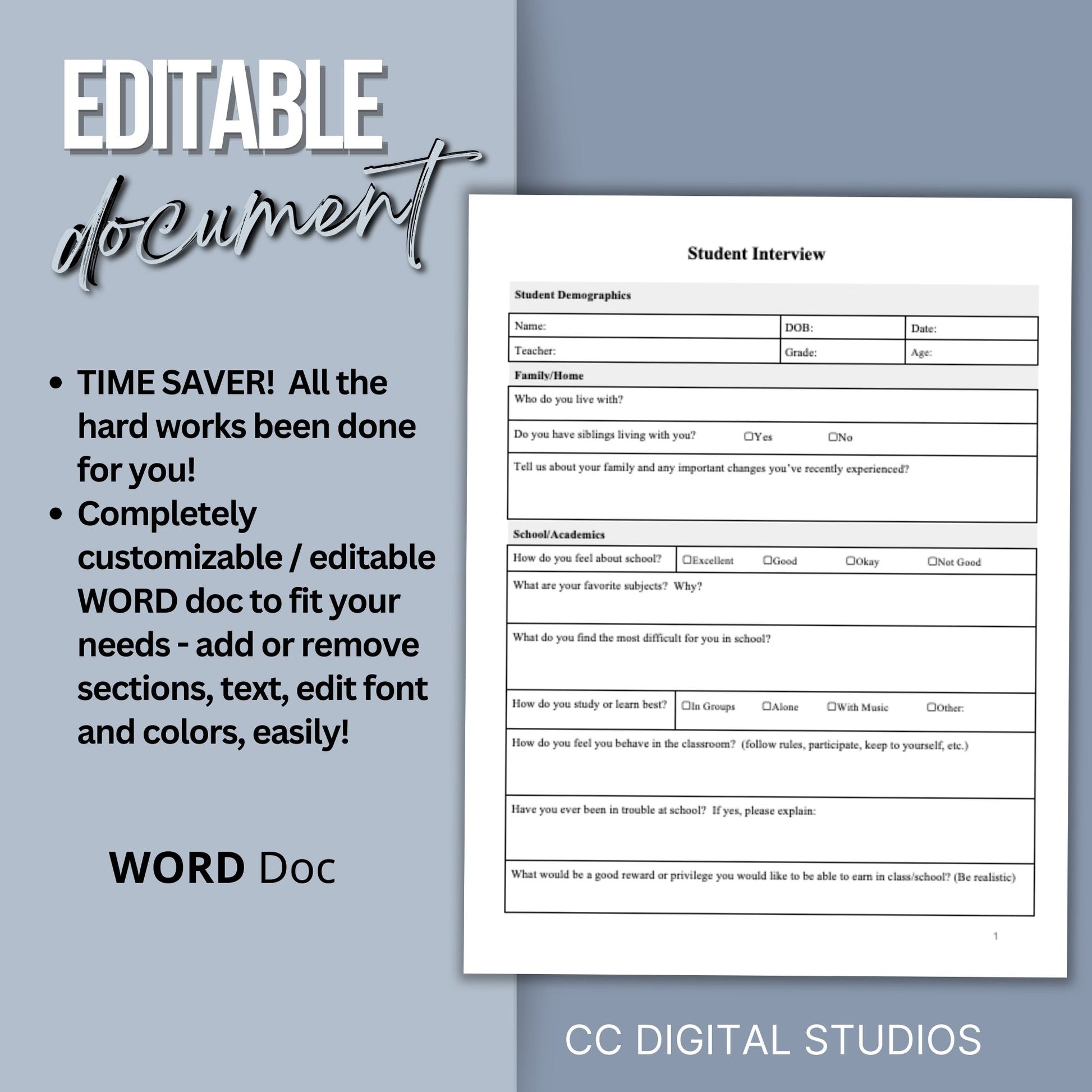 Student Interview Form, an essential tool for school counselors, school psychologists, and school social workers. It is ideal for case management, child therapy, and psychotherapy sessions, aiding in therapy notes documentation.