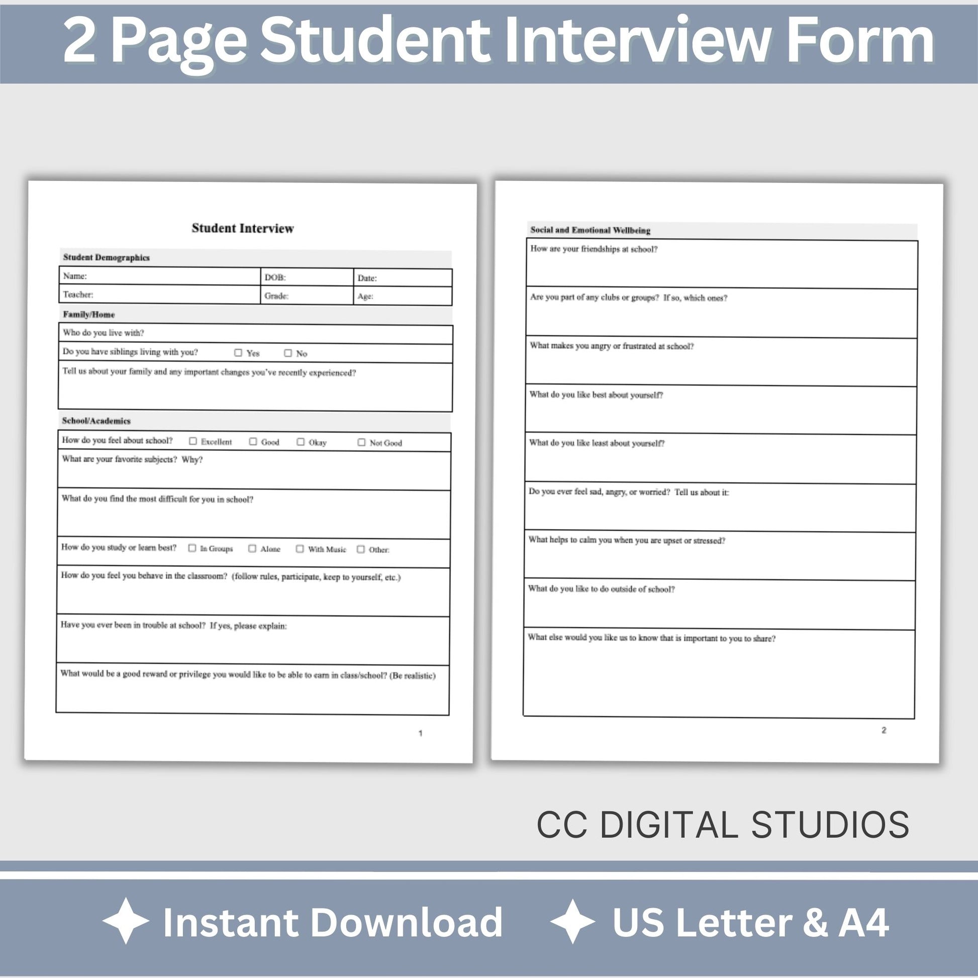 Student Interview Form, an essential tool for school counselors, school psychologists, and school social workers. It is ideal for case management, child therapy, and psychotherapy sessions, aiding in therapy notes documentation.