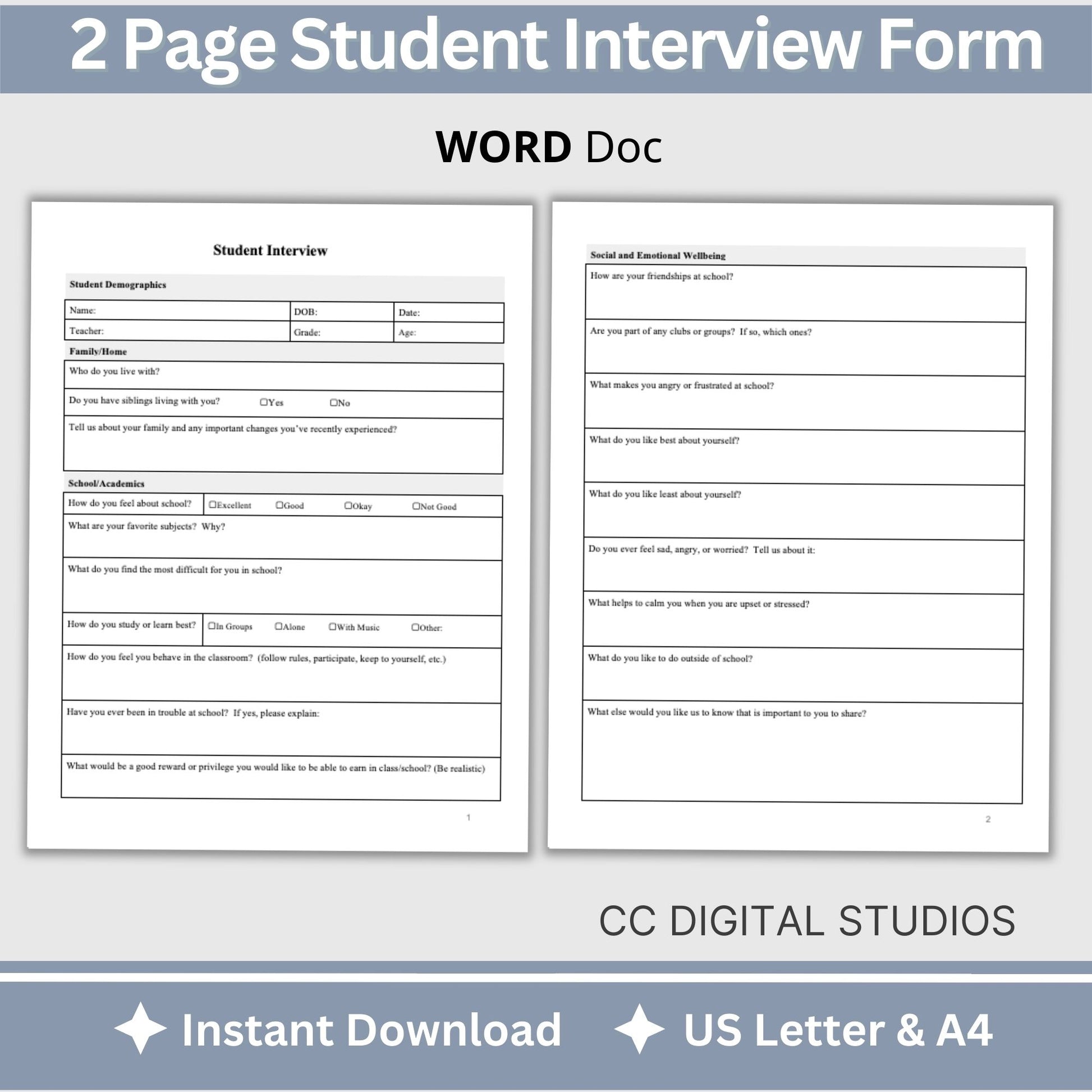 Student Interview Form, an essential tool for school counselors, school psychologists, and school social workers. It is ideal for case management, child therapy, and psychotherapy sessions, aiding in therapy notes documentation.