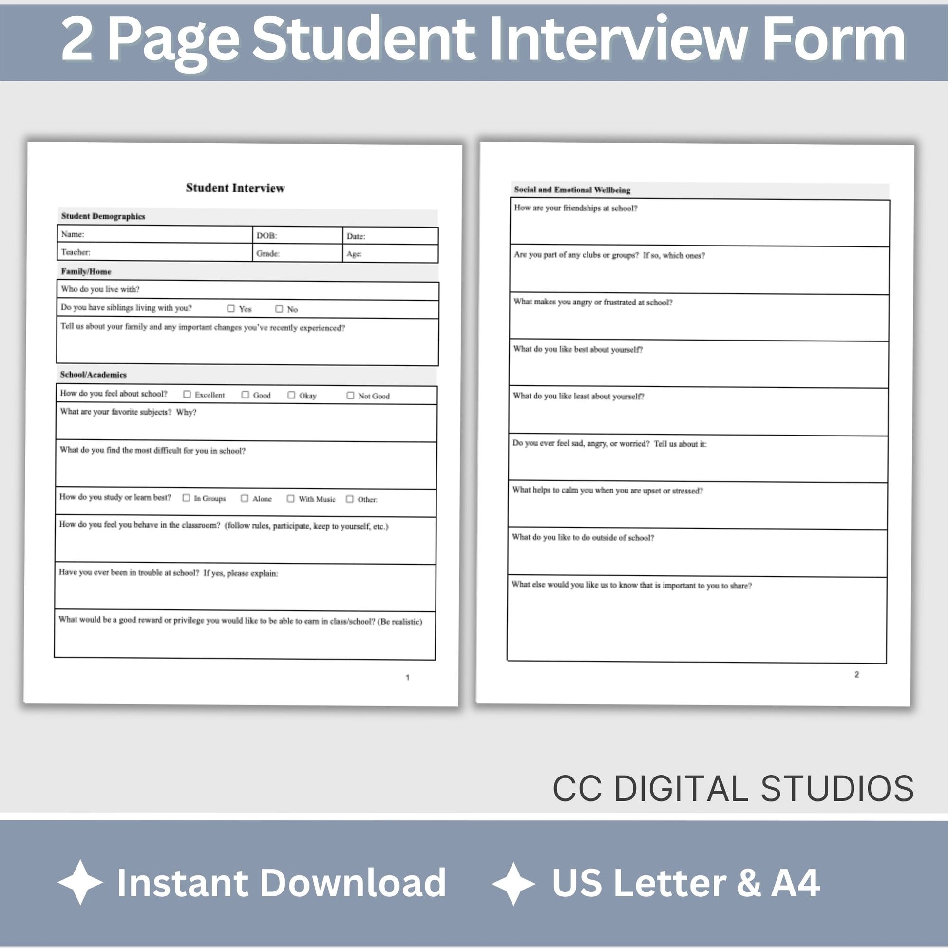 Student Interview Form, an essential tool for school counselors, school psychologists, and school social workers. Its ideal for case management, child therapy, and psychotherapy sessions, aiding in therapy notes documentation.