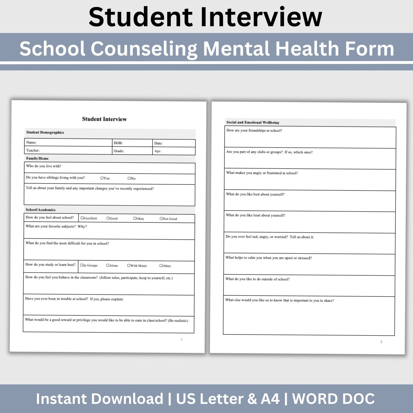 Student Interview Form, an essential tool for school counselors, school psychologists, and school social workers. It is ideal for case management, child therapy, and psychotherapy sessions, aiding in therapy notes documentation.