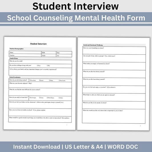 Student Interview Form, an essential tool for school counselors, school psychologists, and school social workers. It is ideal for case management, child therapy, and psychotherapy sessions, aiding in therapy notes documentation.