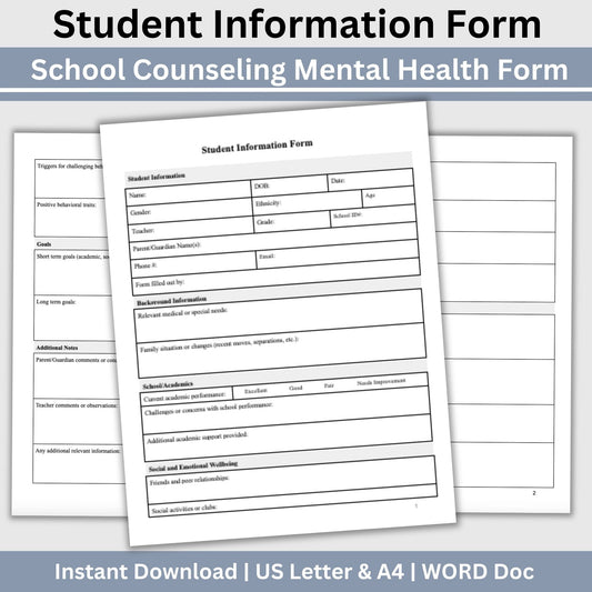Student information form is perfect for teachers and parents to fill out and provide to their school psychologist, school counselor or school social worker. School Psychologist, School Social Work Form, Case Management Template for Client Intake