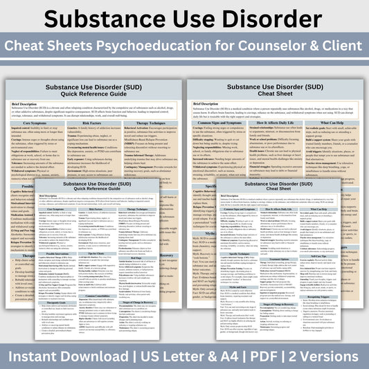 This 2-in-1 Substance Use Disorder Cheat Sheet is designed for both therapists and clients! It includes a therapist's quick reference guide and a client-friendly psychoeducational sheet, making it a valuable SUD therapy tool.