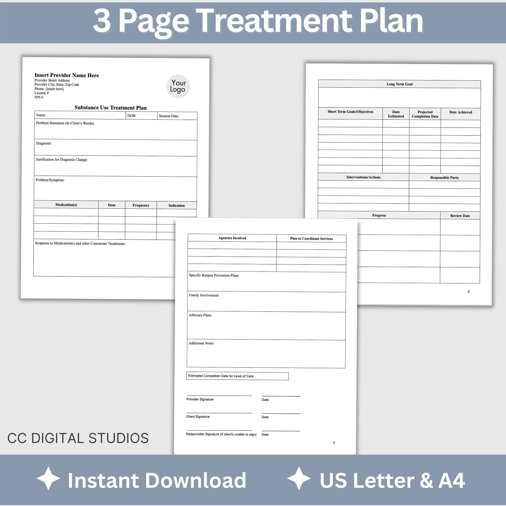 Elevate the quality of your addiction therapy practice with our comprehensive and user-friendly substance use treatment plan template. 3 page substance use treatment plan for your counseling office.