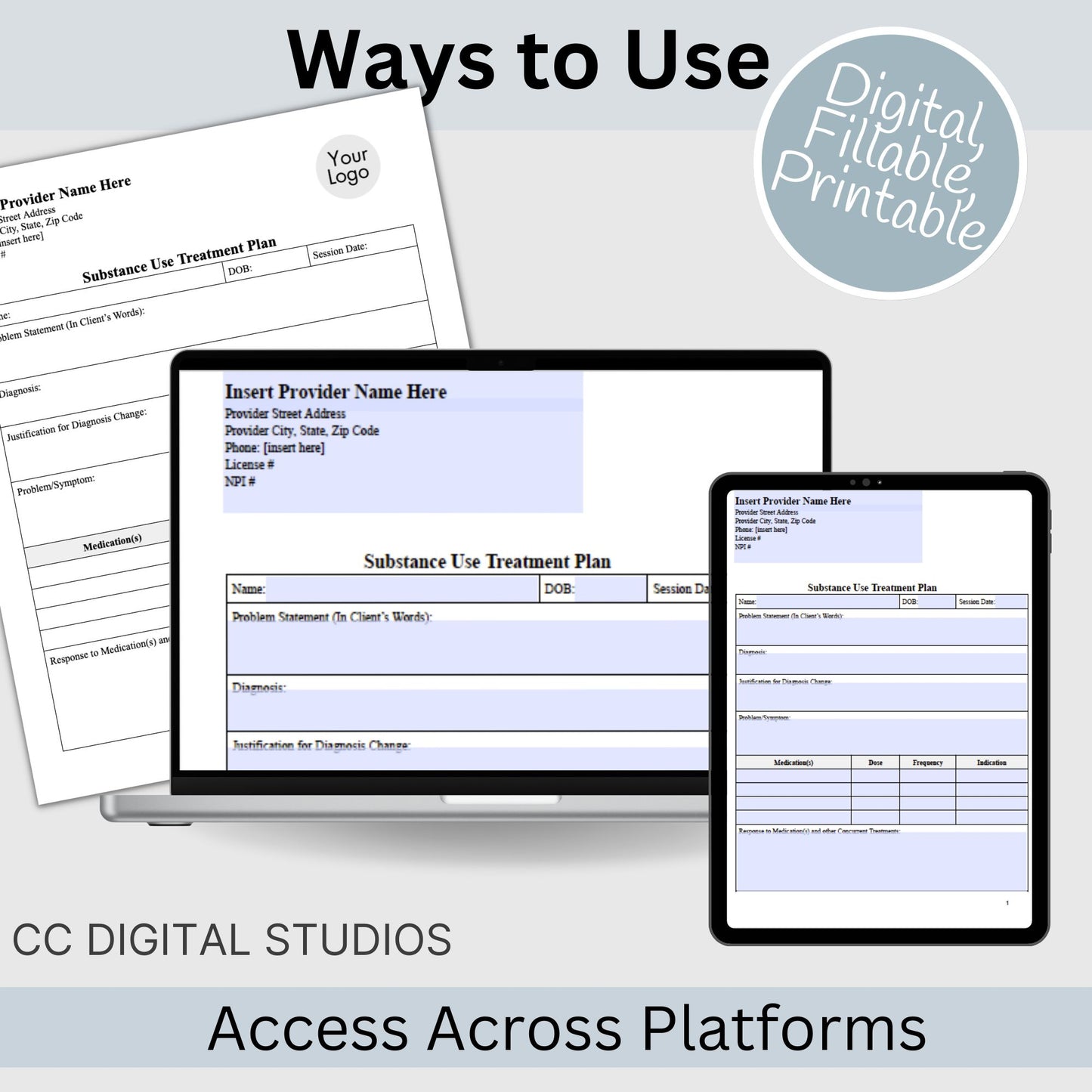 Elevate the quality of your addiction therapy practice with our comprehensive and user-friendly substance use treatment plan template. 3 page substance use treatment plan for your counseling office.