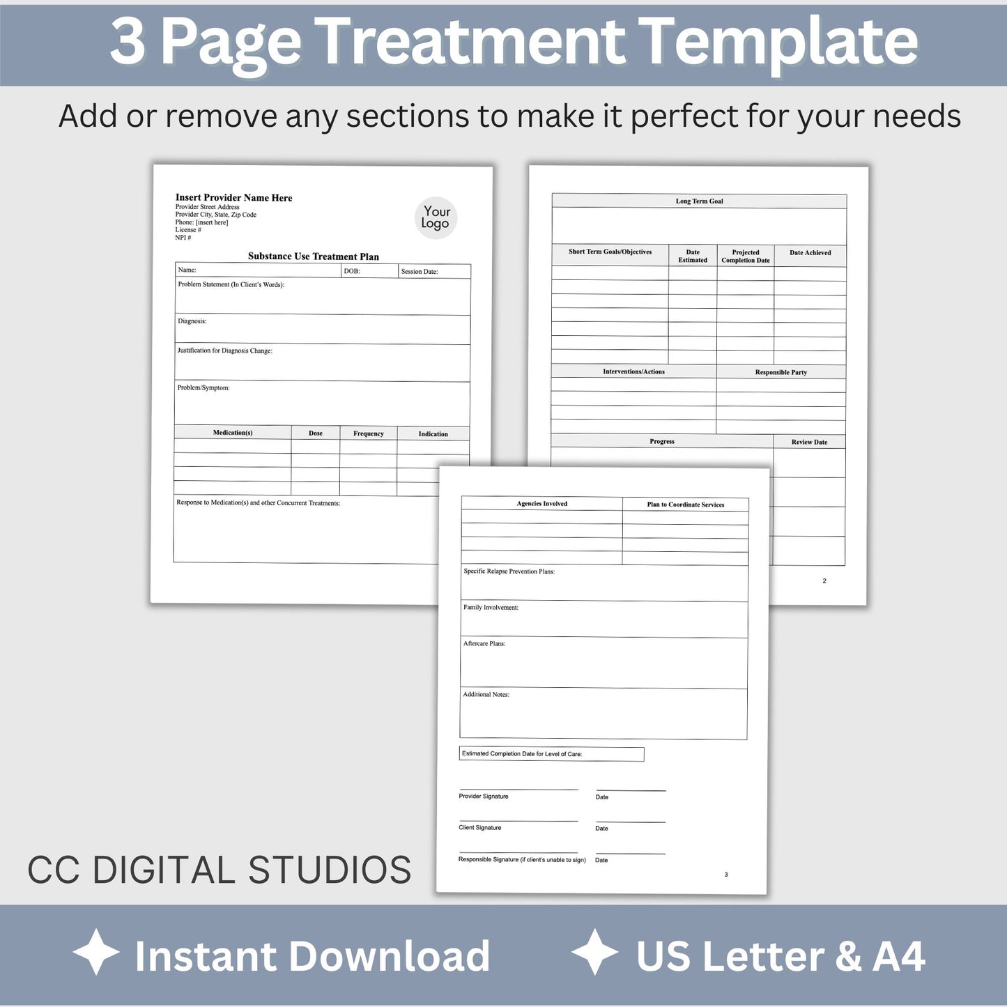 Elevate the quality of your addiction therapy practice with our comprehensive and user-friendly substance use treatment plan template. 3 page substance use treatment plan for your counseling office.