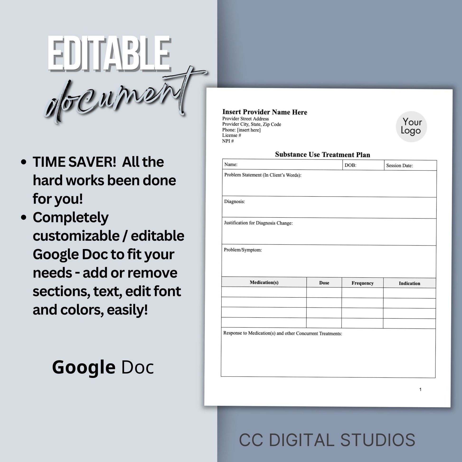 Elevate the quality of your addiction therapy practice with our comprehensive and user-friendly substance use treatment plan template. 3 page substance use treatment plan for your counseling office.