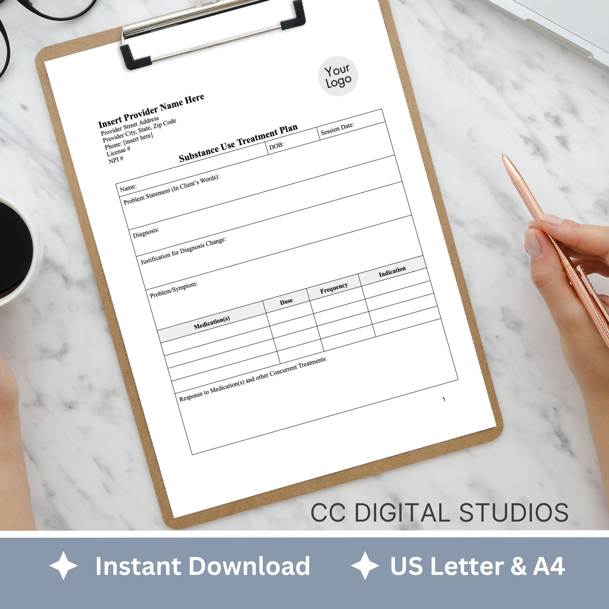 Elevate the quality of your addiction therapy practice with our comprehensive and user-friendly substance use treatment plan template. 3 page substance use treatment plan for your counseling office.
