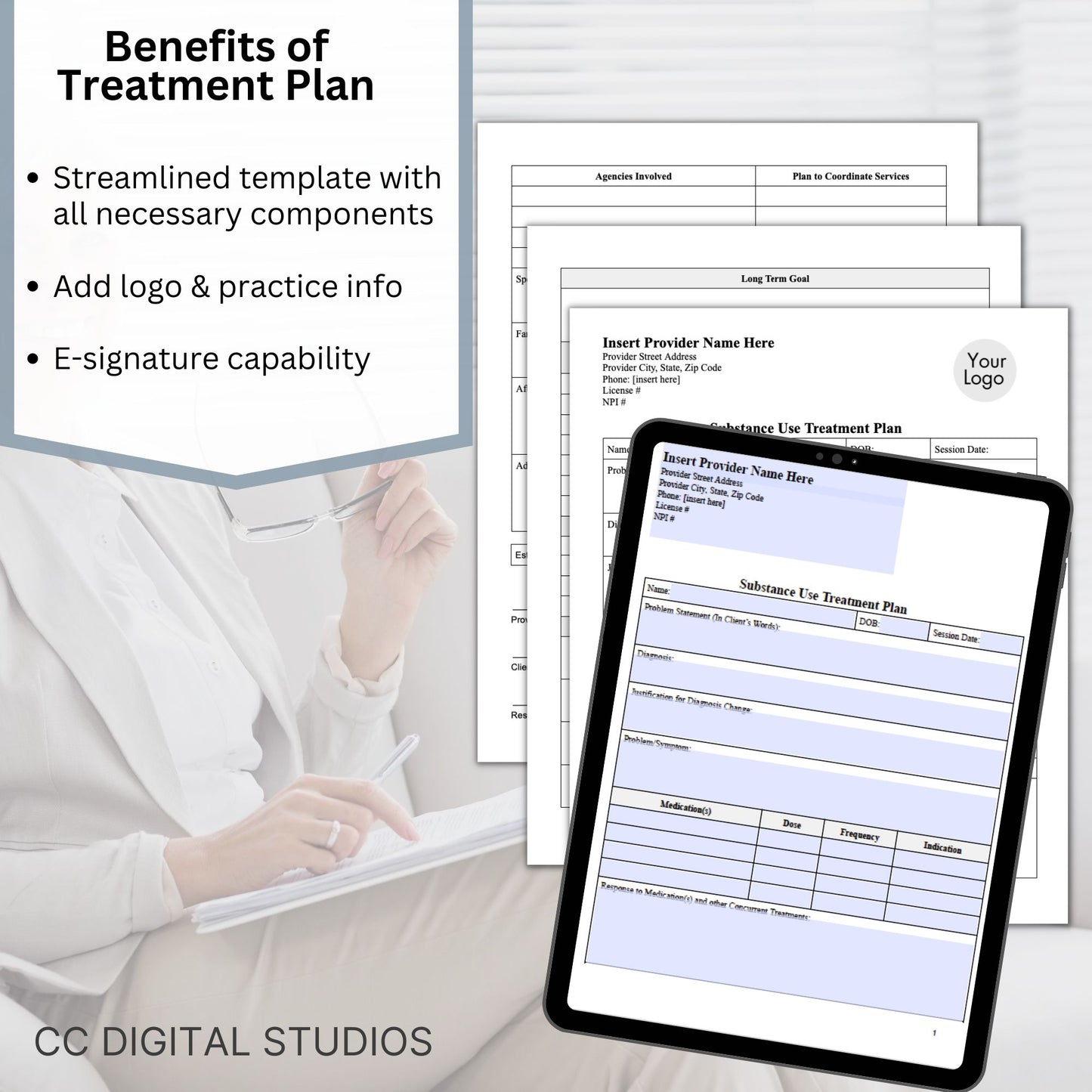 Elevate the quality of your addiction therapy practice with our comprehensive and user-friendly substance use treatment plan template. 3 page substance use treatment plan for your counseling office.