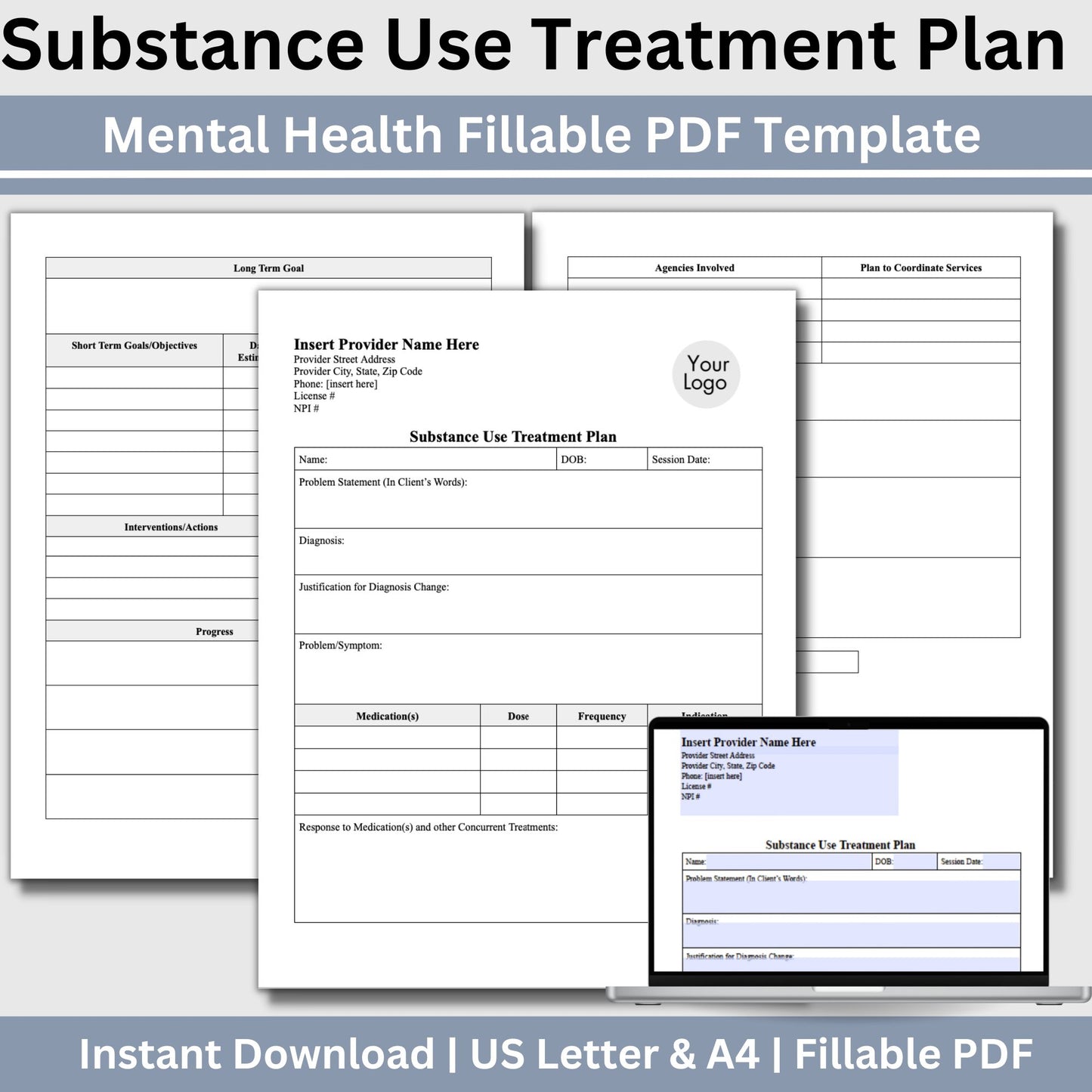 Elevate the quality of your addiction therapy practice with our comprehensive and user-friendly substance use treatment plan template. 3 page substance use treatment plan for your counseling office.