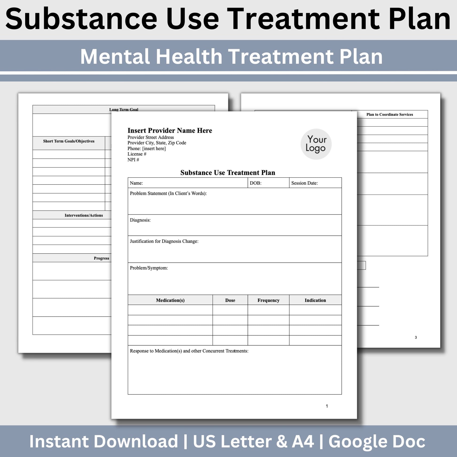 Elevate the quality of your addiction therapy practice with our comprehensive and user-friendly substance use treatment plan template. 3 page substance use treatment plan for your counseling office.