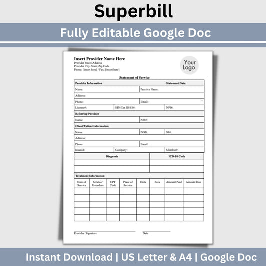 streamline your client billing process and enhance your private practices efficiency? Our editable Google Doc Superbill invoice template is here to simplify your administrative tasks and improve your therapist office performance.