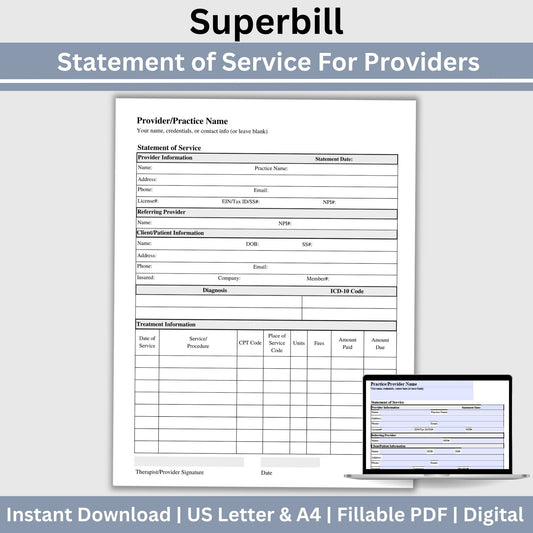 Streamline your therapist office with our Mental Health Superbill Template. This fillable PDF superbill is the perfect invoice template for private practice counseling forms. Simplify your administrative tasks with this therapy template