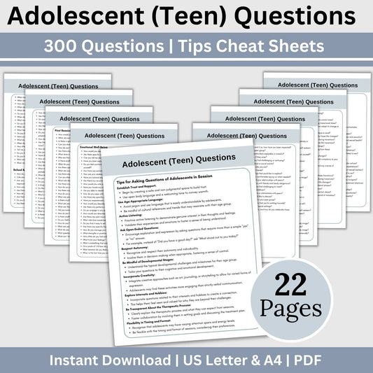 300 therapy session questions. Perfect for child therapy when treating teens, these reference sheets serve as therapy cheat sheets and engaging adolescent conversation starters.