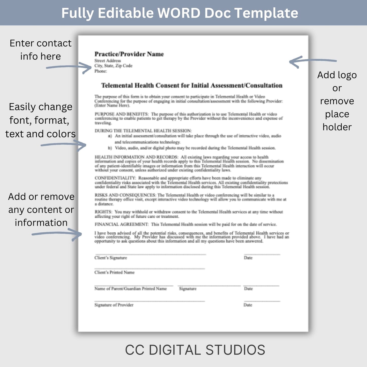 Telemental Health Consent for Initial Assessment template, professionally designed for private practice therapist offices. Perfect for psychologists, counselors, therapists, consent form.