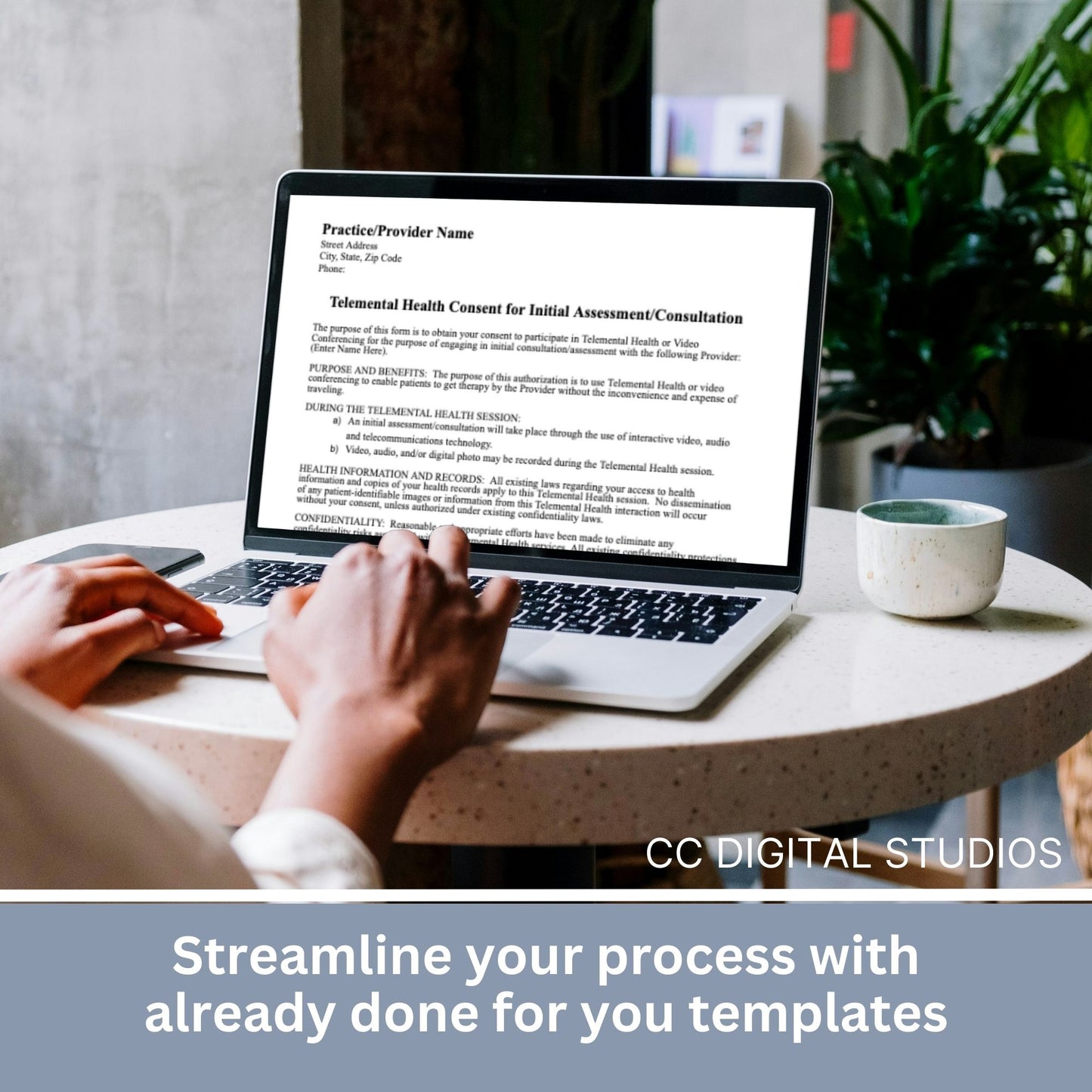 Telemental Health Consent for Initial Assessment template, professionally designed for private practice therapist offices. Perfect for psychologists, counselors, therapists, consent form.