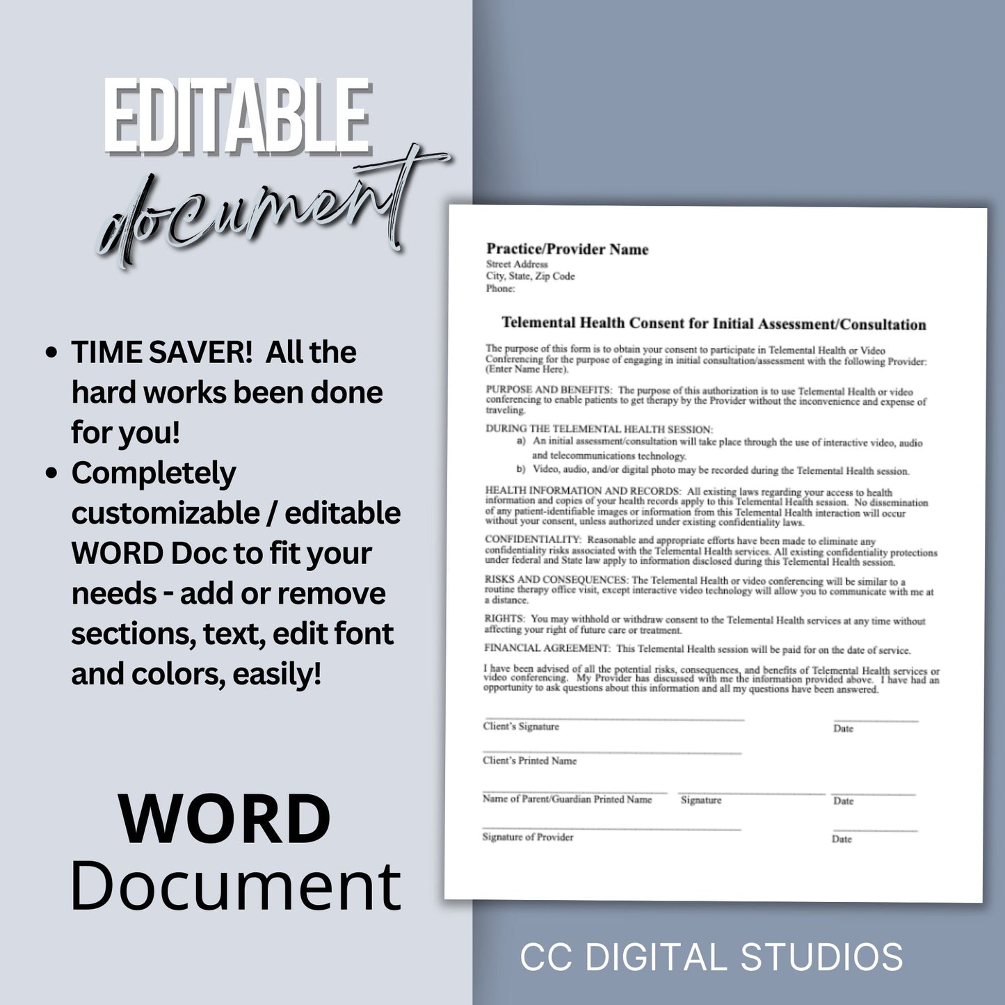 Telemental Health Consent for Initial Assessment template, professionally designed for private practice therapist offices. Perfect for psychologists, counselors, therapists, consent form.