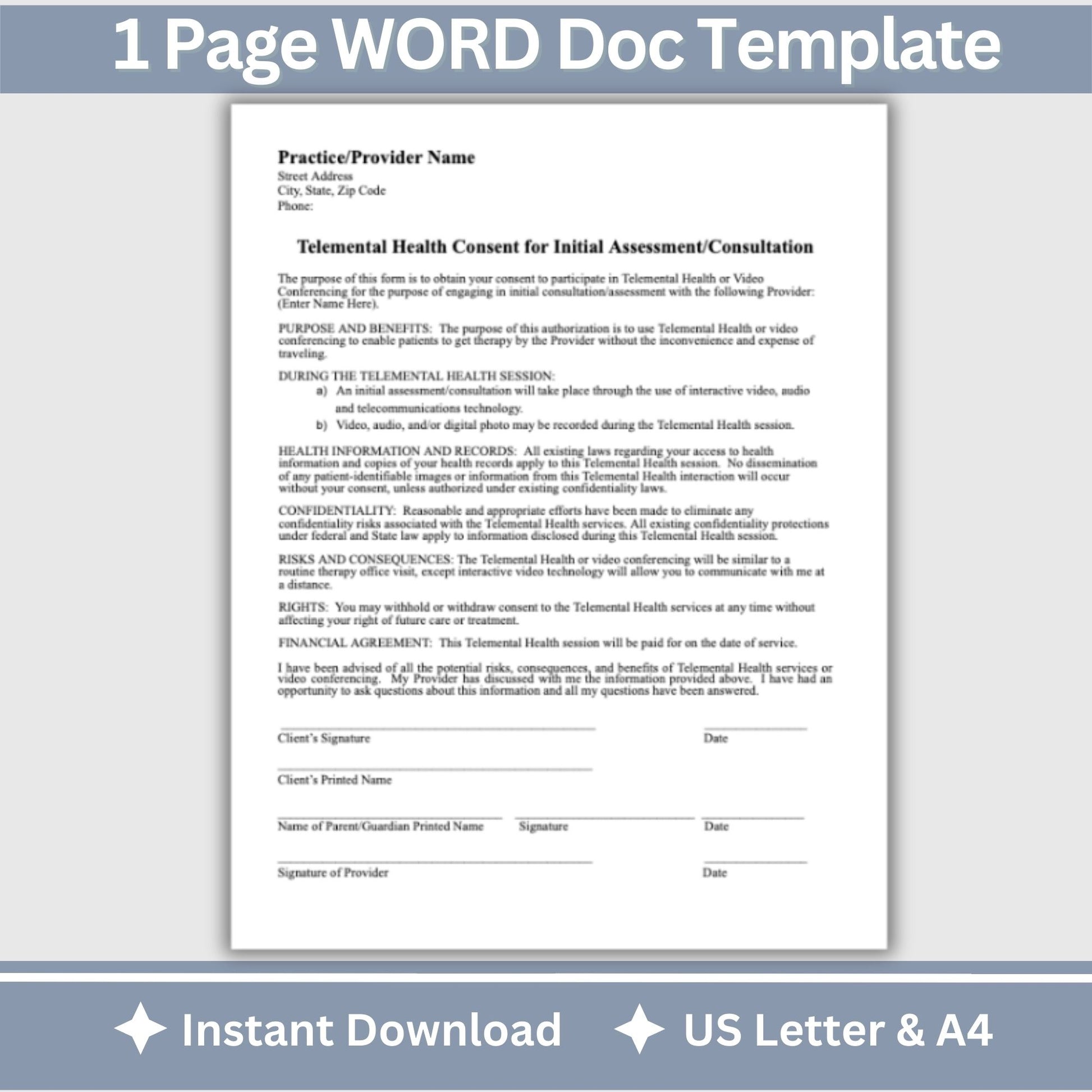 Telemental Health Consent for Initial Assessment template, professionally designed for private practice therapist offices. Perfect for psychologists, counselors, therapists, consent form.