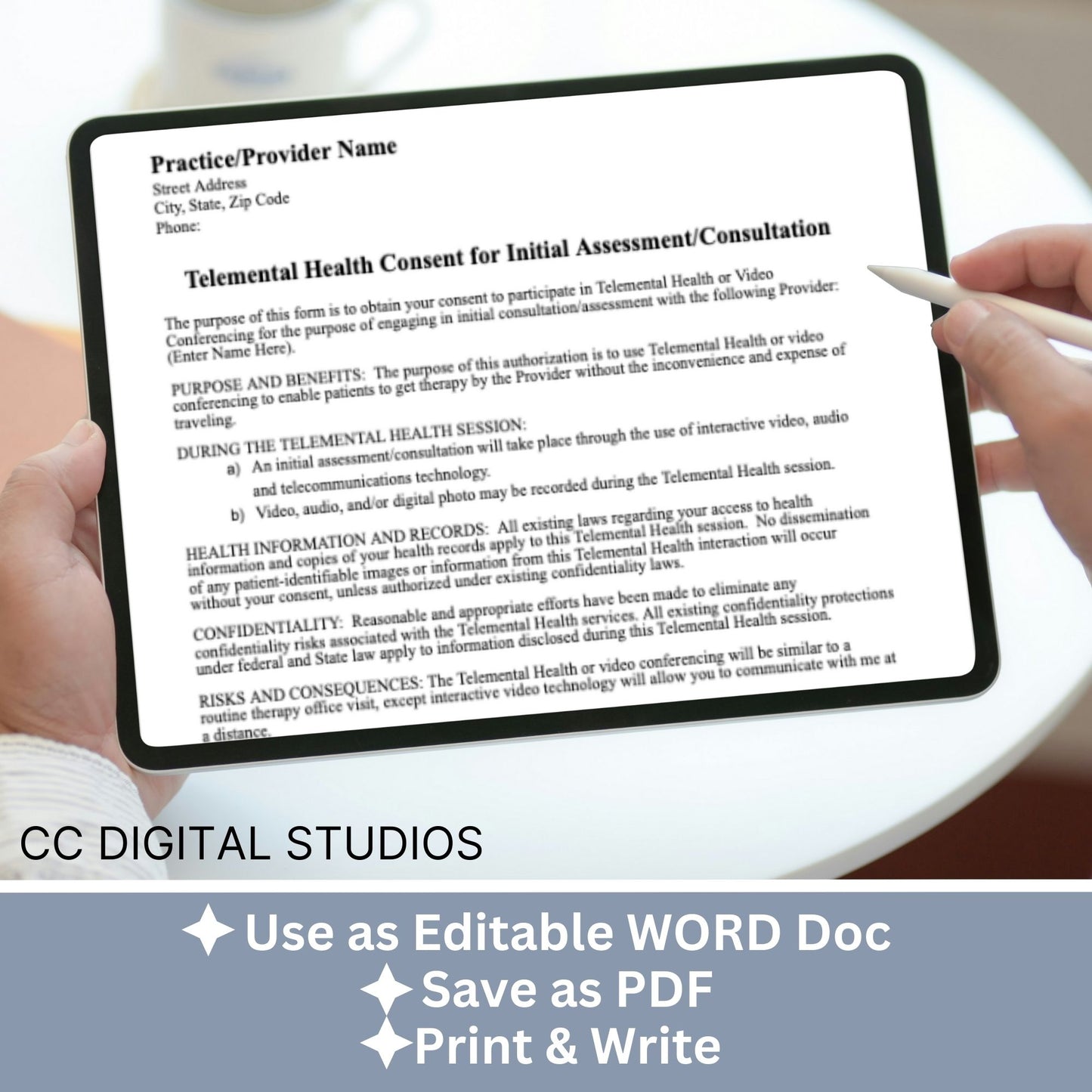 Telemental Health Consent for Initial Assessment template, professionally designed for private practice therapist offices. Perfect for psychologists, counselors, therapists, consent form.